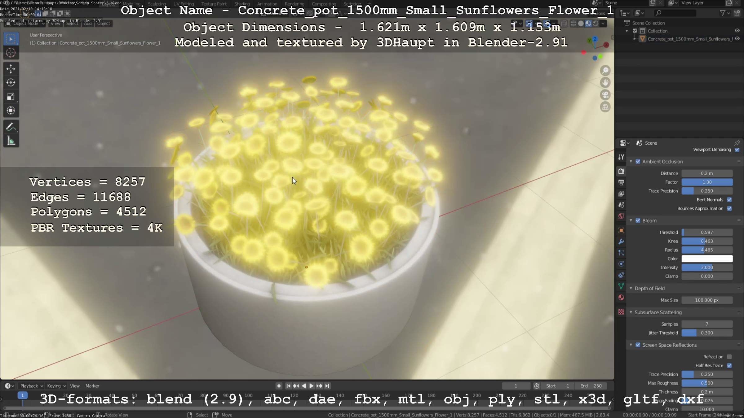 Concrete Pipe Pot 1500mm with Small Sunflowers Version 1 Low-poly 3D model_5