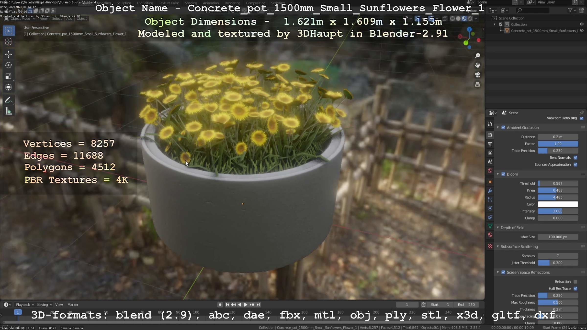 Concrete Pipe Pot 1500mm with Small Sunflowers Version 1 Low-poly 3D model_26