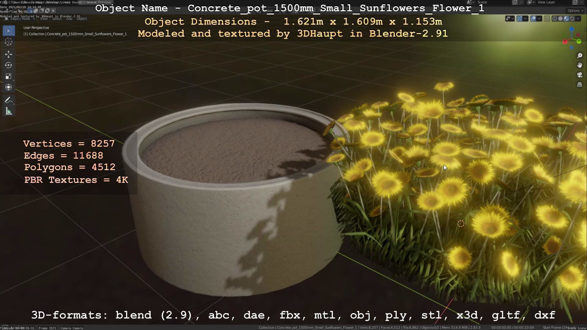 Concrete Pipe Pot 1500mm with Small Sunflowers Version 1 Low-poly 3D model_21