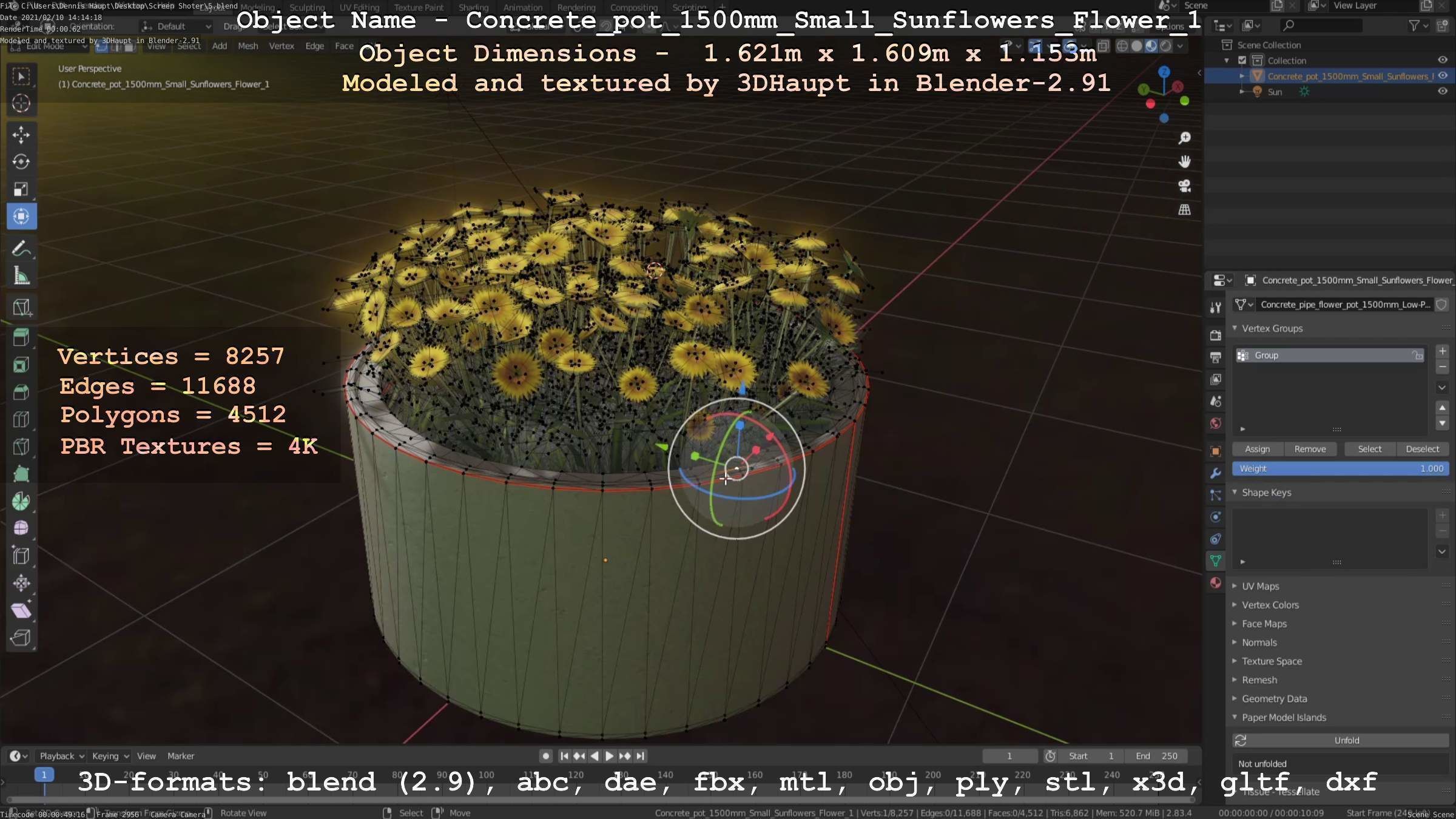 Concrete Pipe Pot 1500mm with Small Sunflowers Version 1 Low-poly 3D model_55