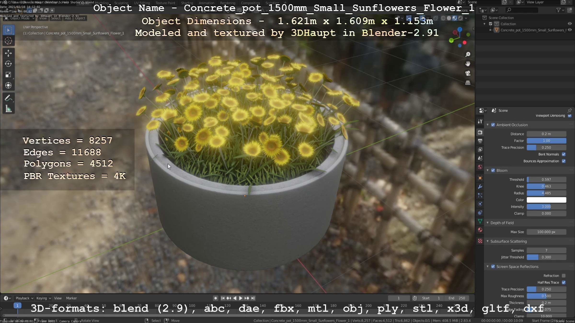 Concrete Pipe Pot 1500mm with Small Sunflowers Version 1 Low-poly 3D model_51