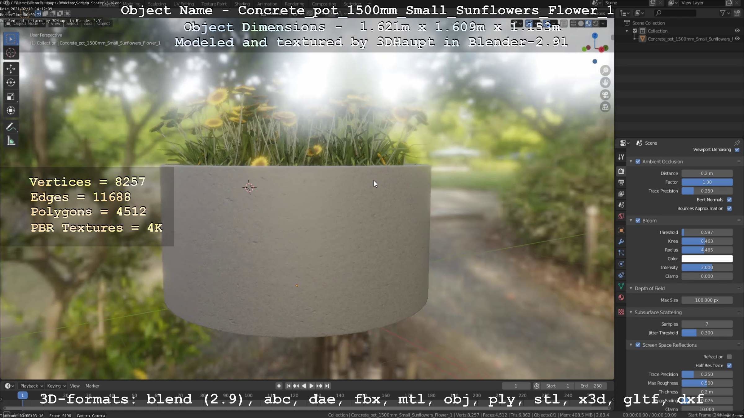 Concrete Pipe Pot 1500mm with Small Sunflowers Version 1 Low-poly 3D model_28