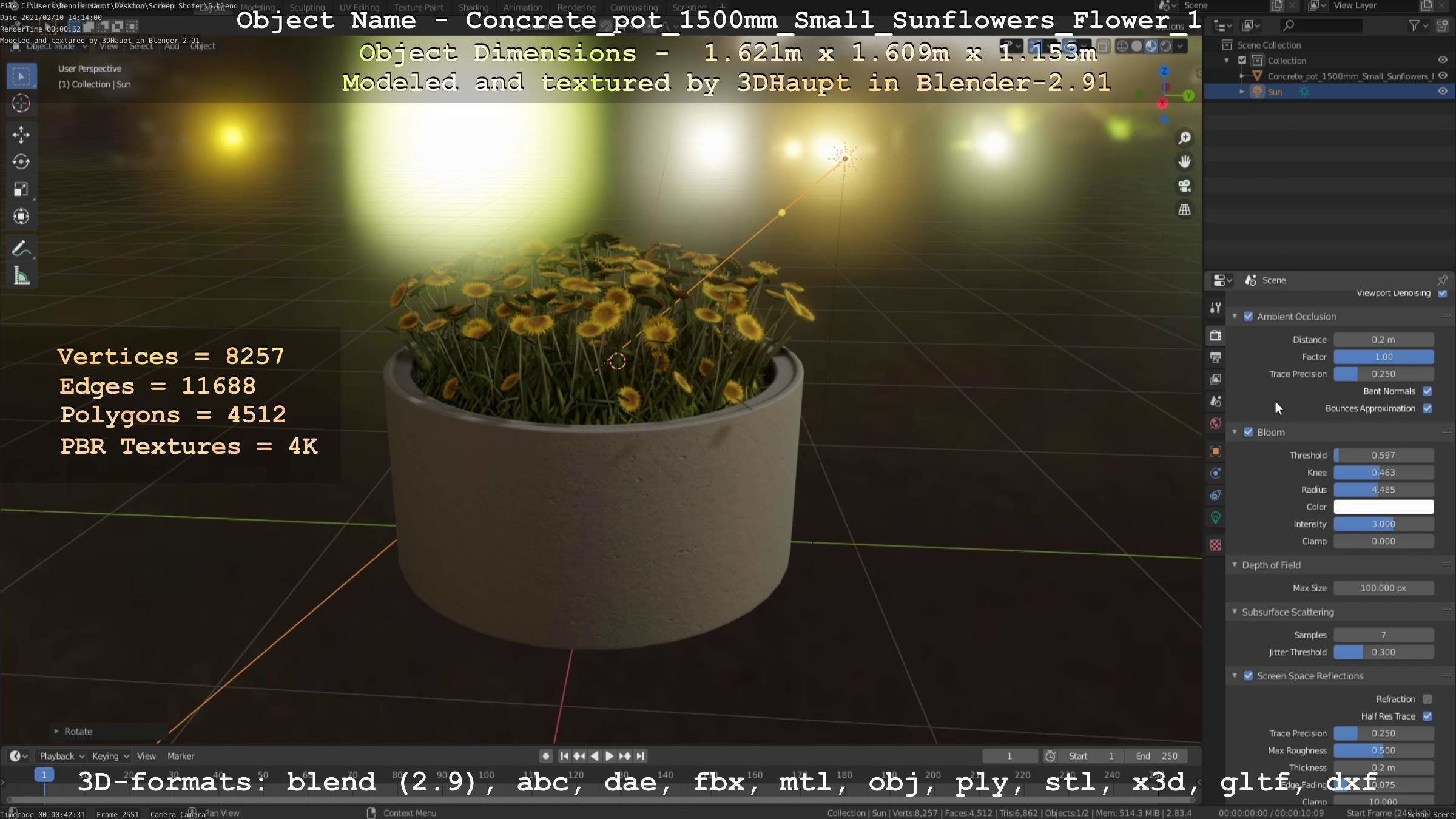 Concrete Pipe Pot 1500mm with Small Sunflowers Version 1 Low-poly 3D model_14