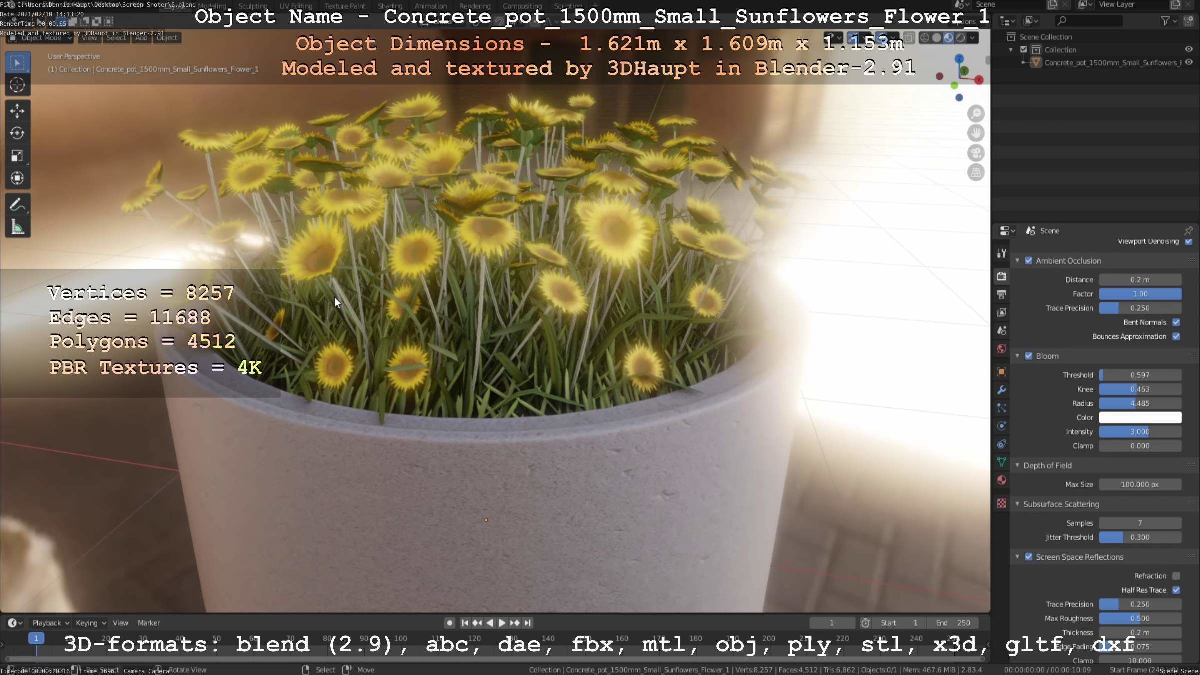 Concrete Pipe Pot 1500mm with Small Sunflowers Version 1 Low-poly 3D model_7