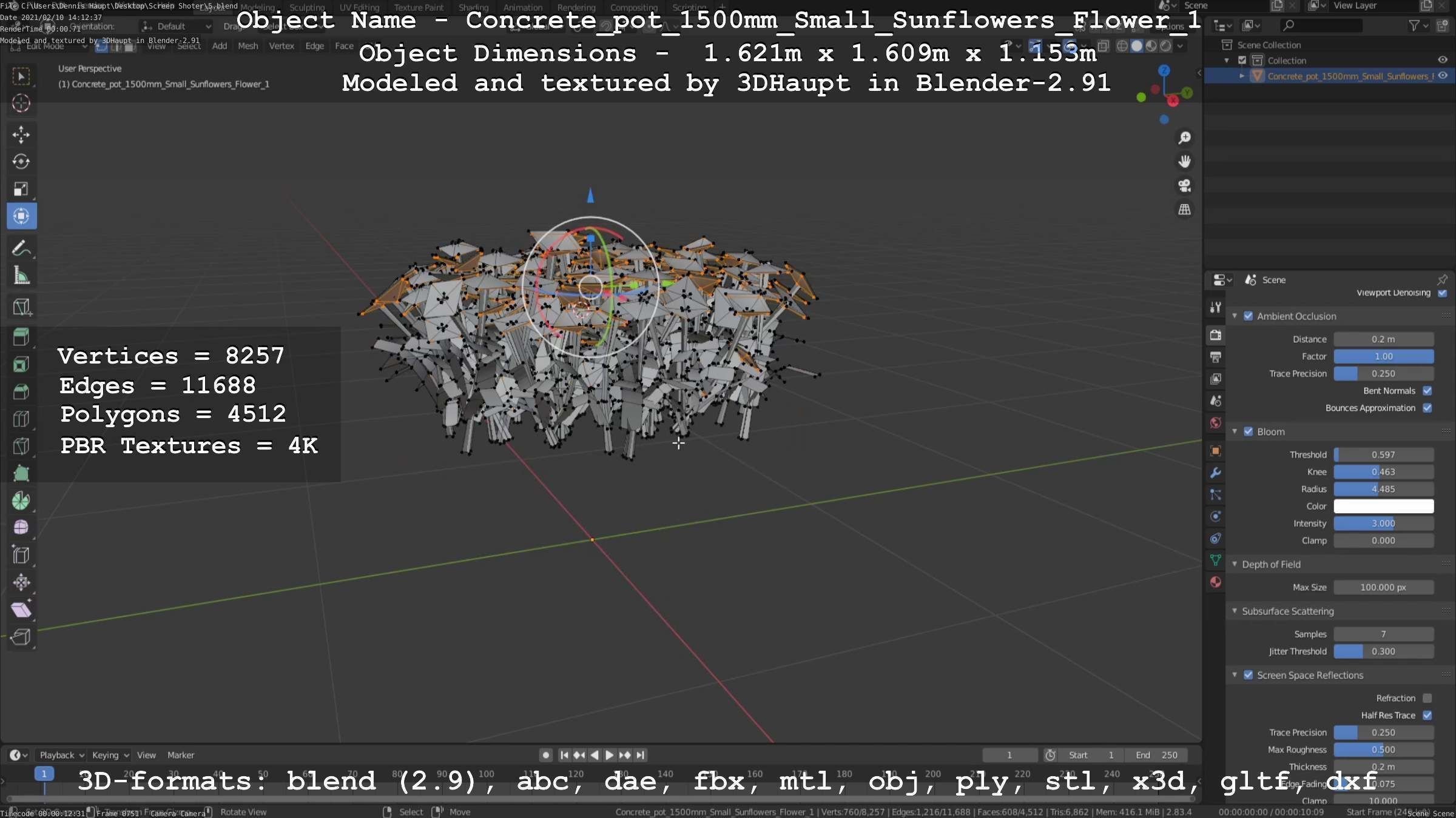 Concrete Pipe Pot 1500mm with Small Sunflowers Version 1 Low-poly 3D model_34
