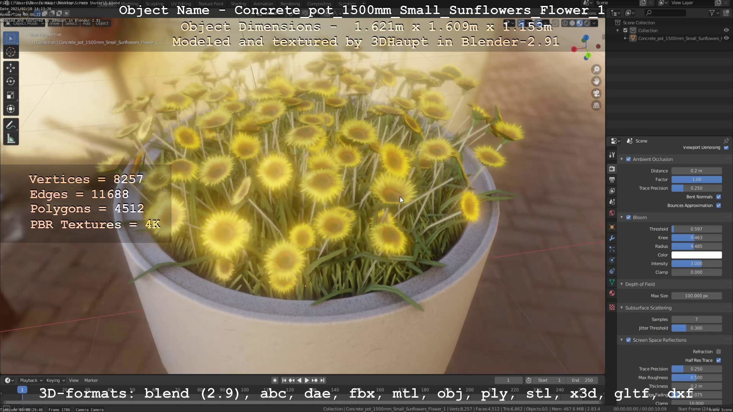 Concrete Pipe Pot 1500mm with Small Sunflowers Version 1 Low-poly 3D model_41