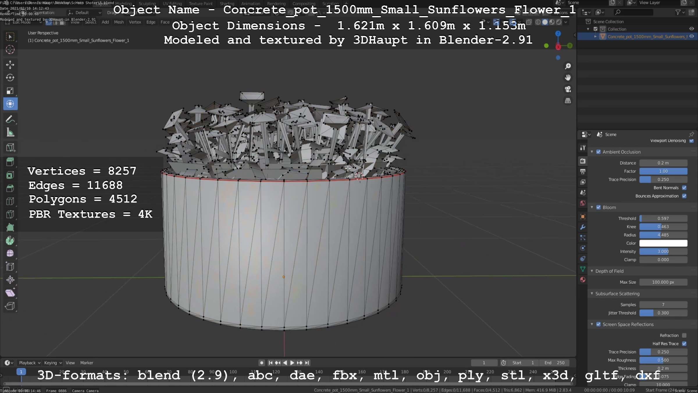 Concrete Pipe Pot 1500mm with Small Sunflowers Version 1 Low-poly 3D model_35