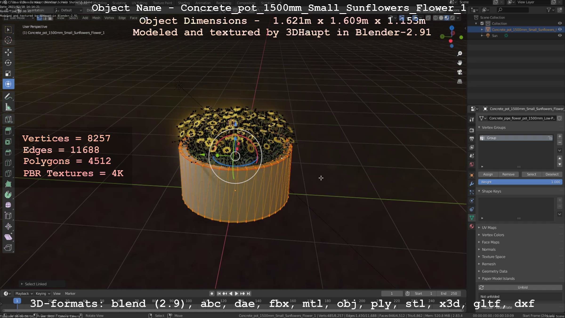 Concrete Pipe Pot 1500mm with Small Sunflowers Version 1 Low-poly 3D model_37