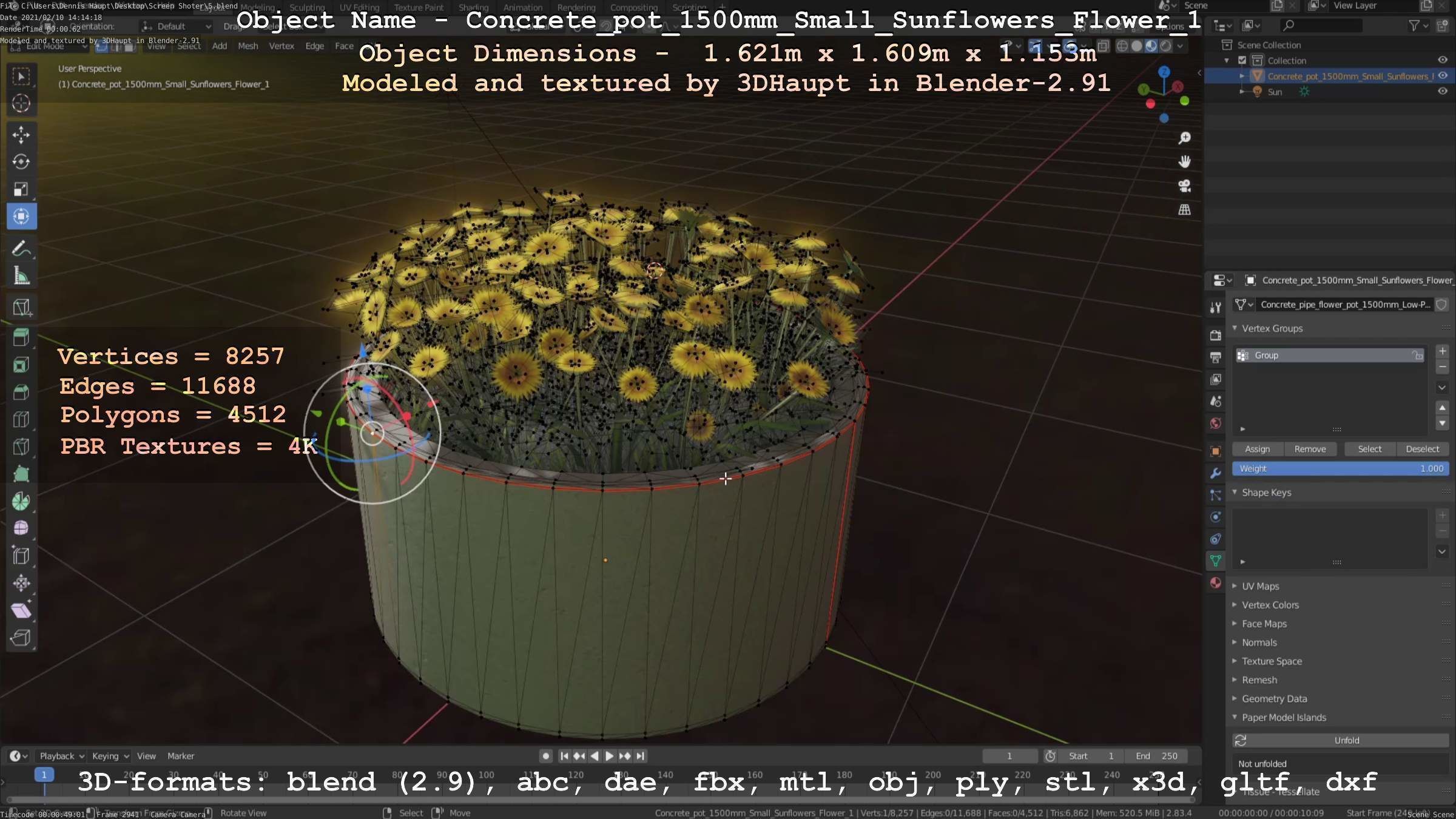Concrete Pipe Pot 1500mm with Small Sunflowers Version 1 Low-poly 3D model_16