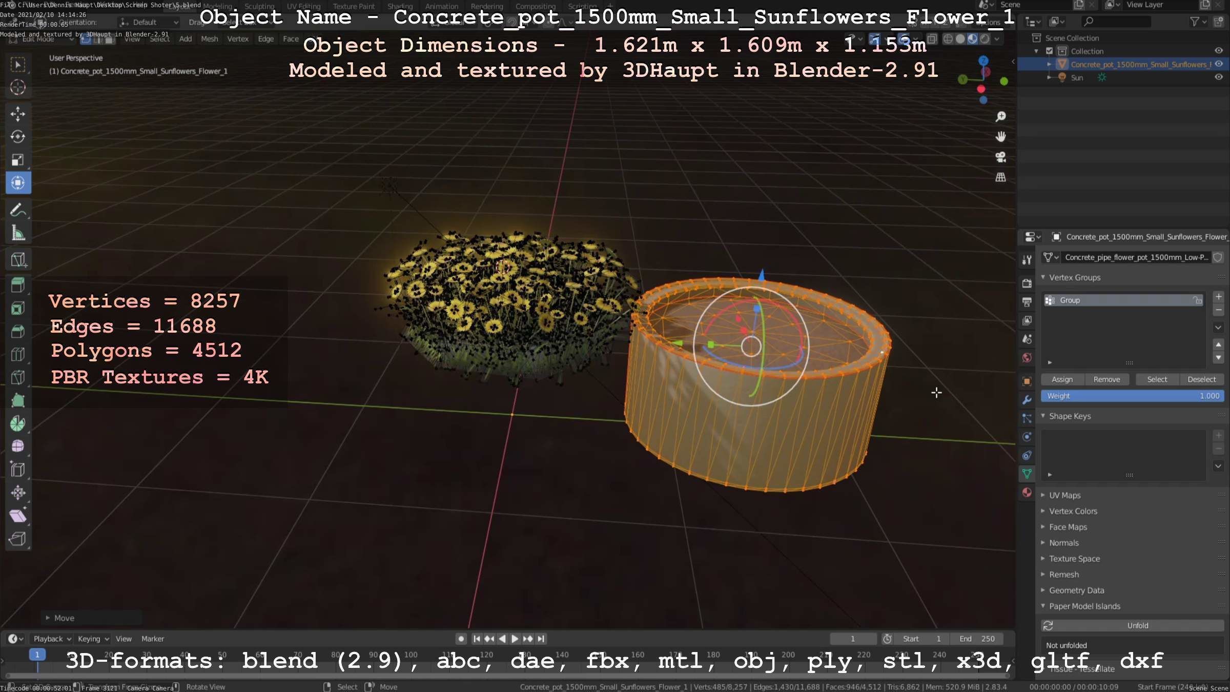 Concrete Pipe Pot 1500mm with Small Sunflowers Version 1 Low-poly 3D model_17