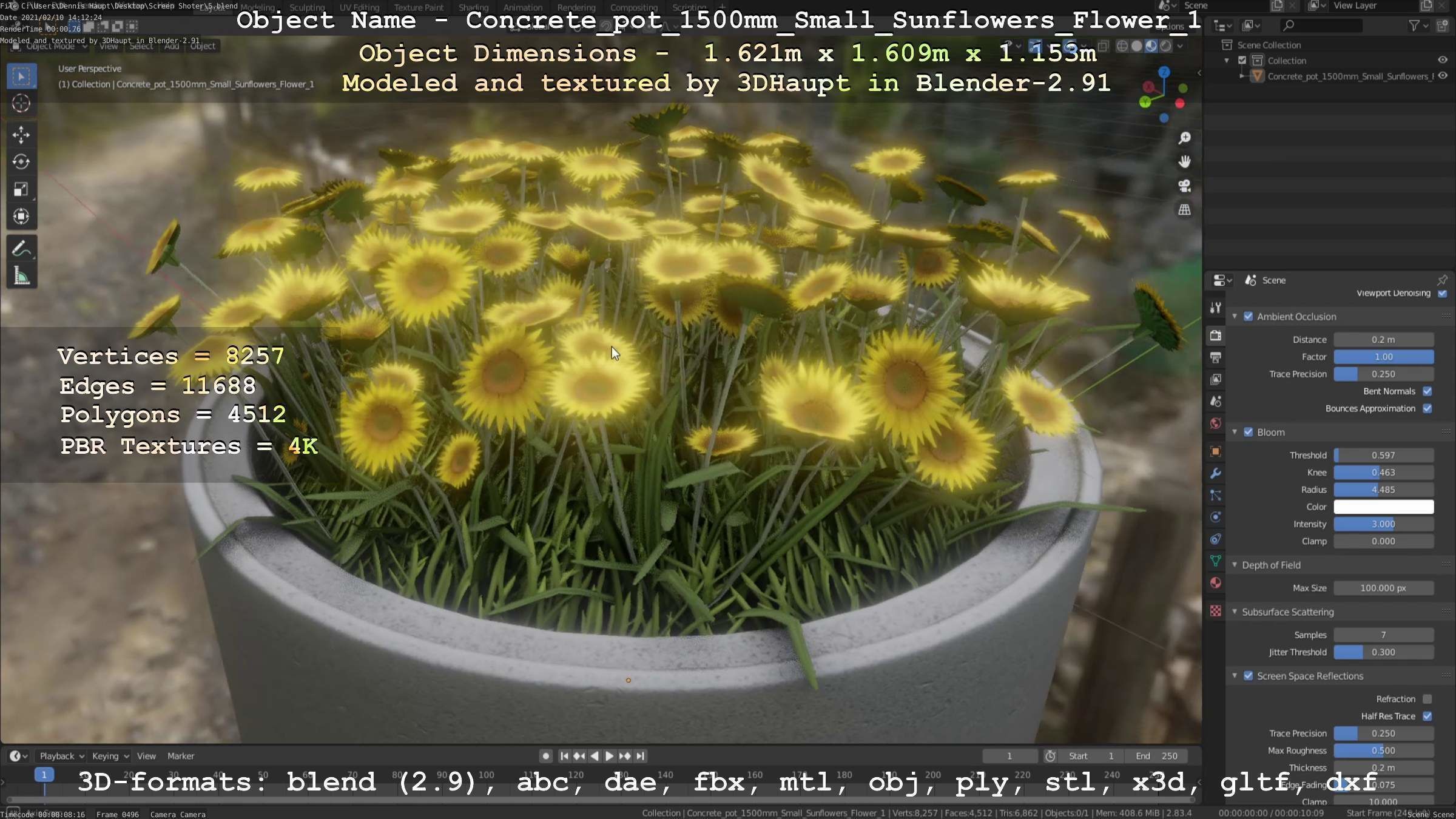 Concrete Pipe Pot 1500mm with Small Sunflowers Version 1 Low-poly 3D model_43