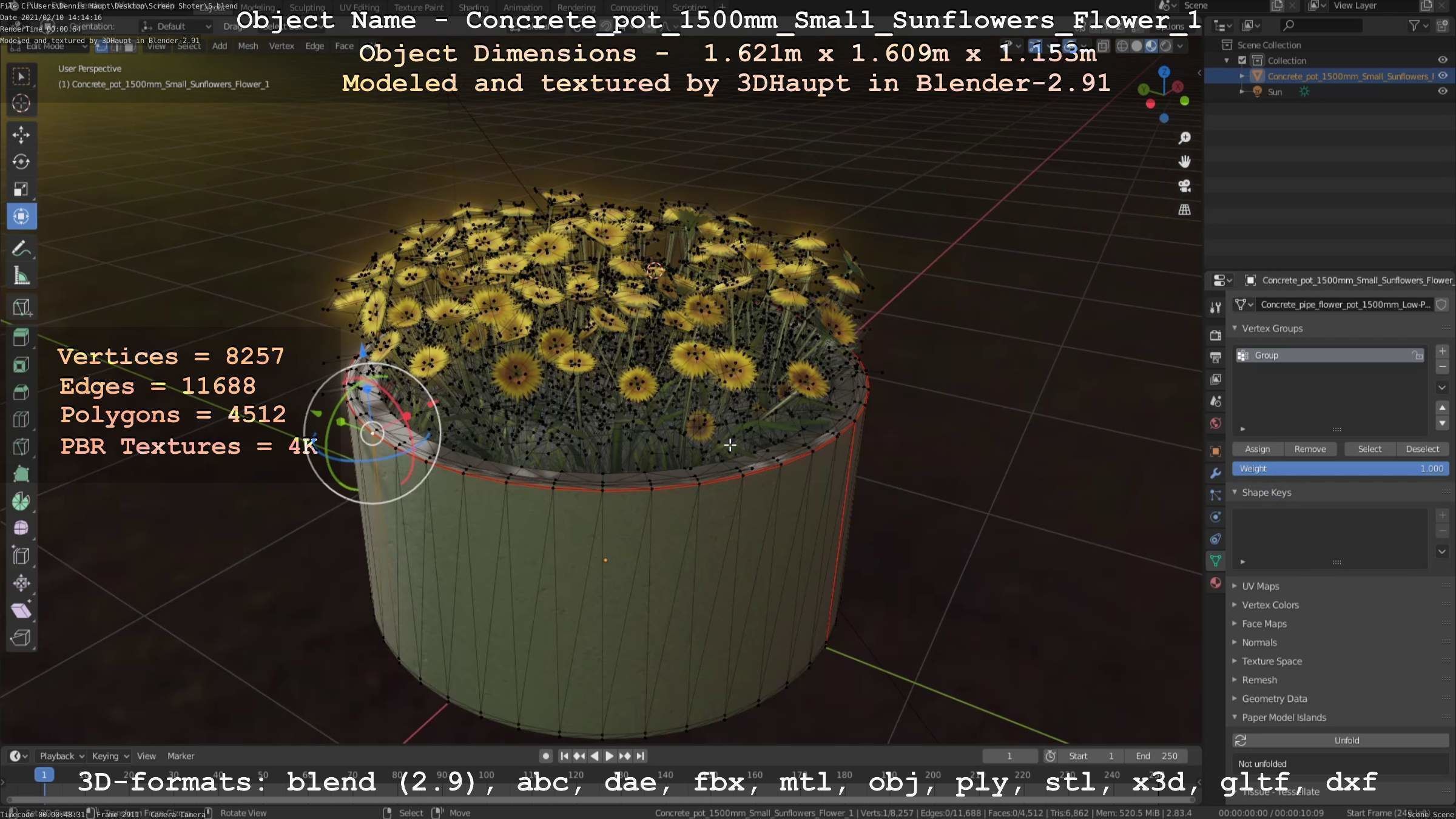 Concrete Pipe Pot 1500mm with Small Sunflowers Version 1 Low-poly 3D model_39