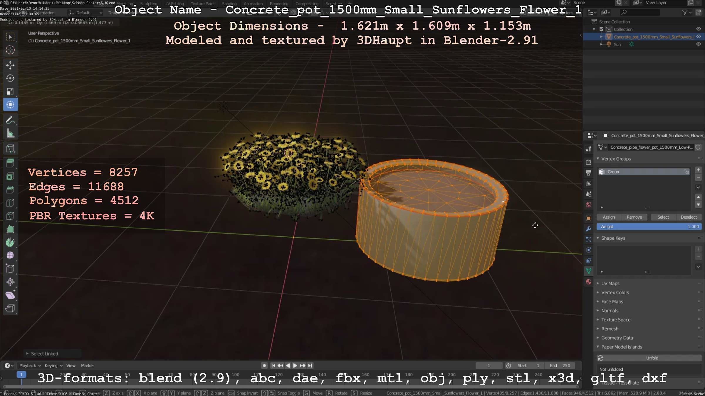 Concrete Pipe Pot 1500mm with Small Sunflowers Version 1 Low-poly 3D model_52