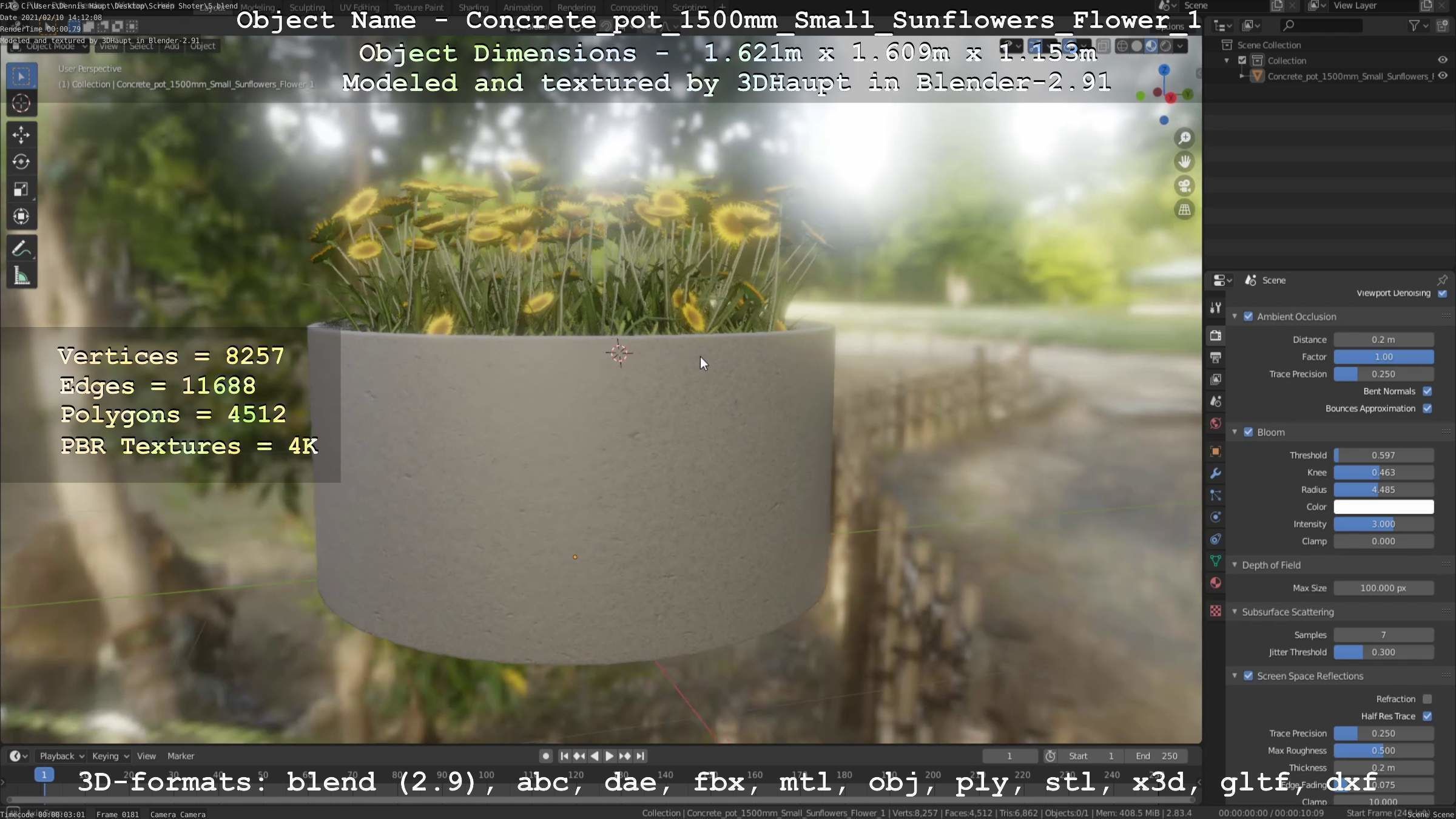 Concrete Pipe Pot 1500mm with Small Sunflowers Version 1 Low-poly 3D model_45