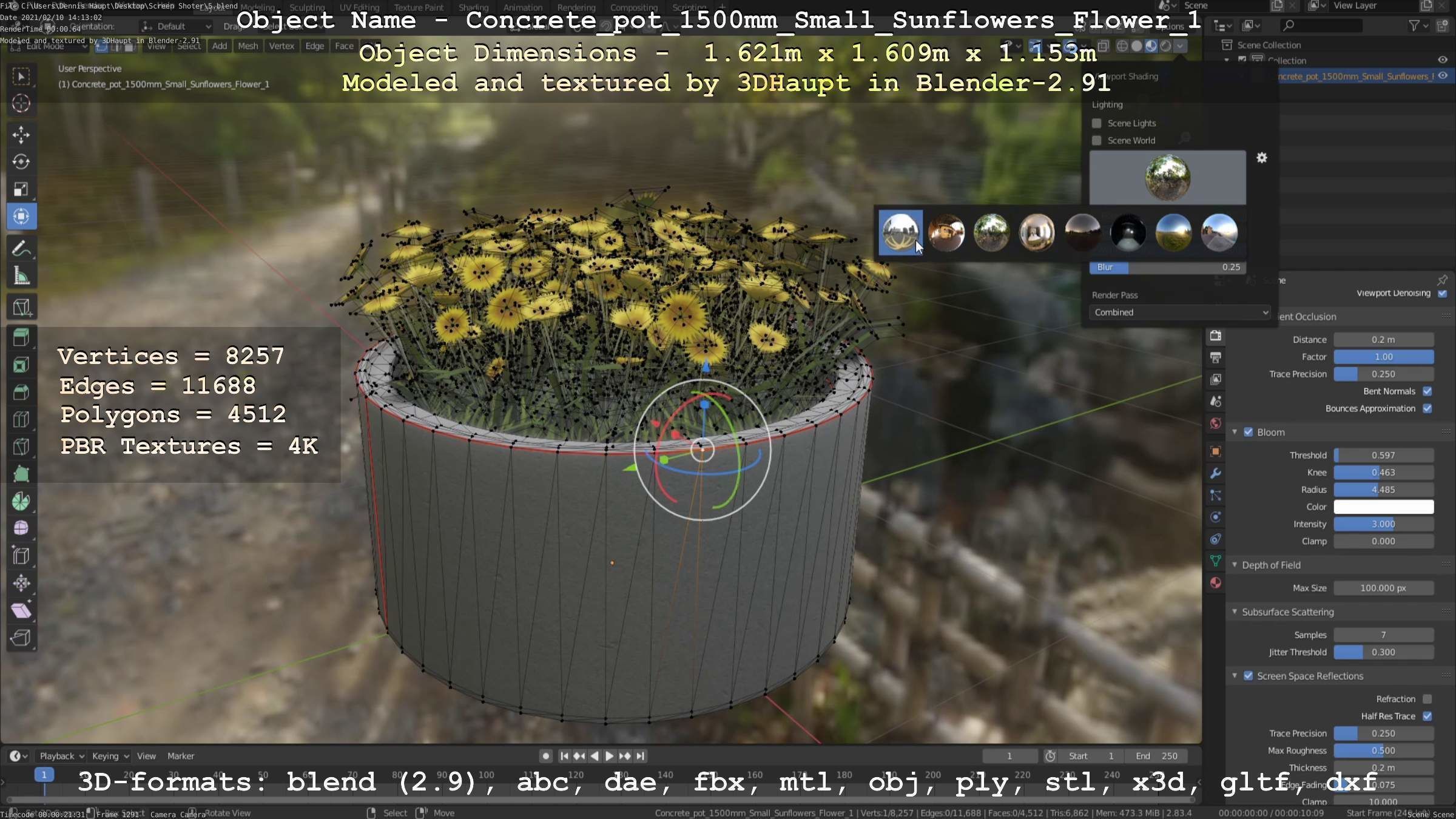 Concrete Pipe Pot 1500mm with Small Sunflowers Version 1 Low-poly 3D model_3