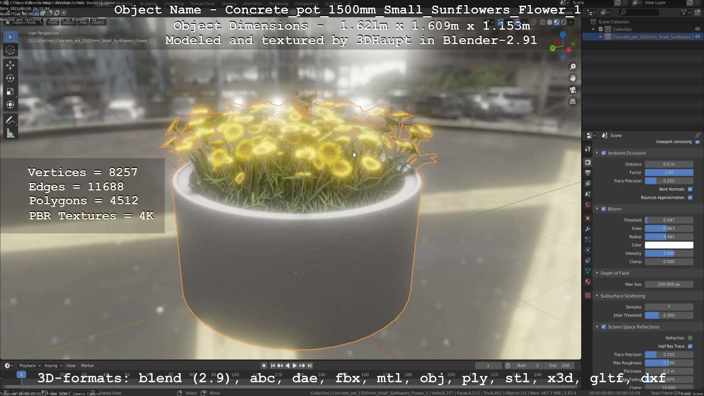 Concrete Pipe Pot 1500mm with Small Sunflowers Version 1 Low-poly 3D model_58