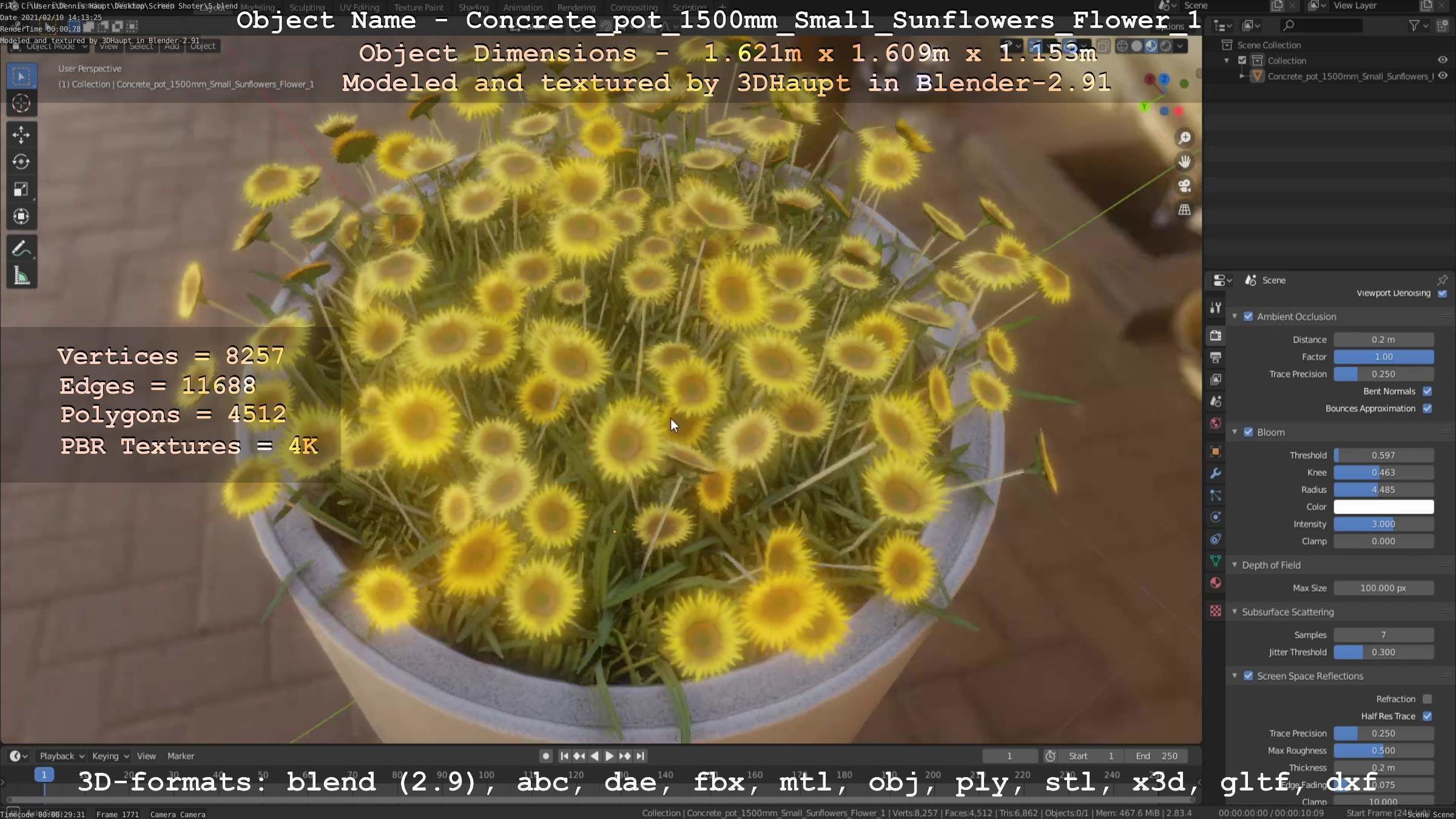 Concrete Pipe Pot 1500mm with Small Sunflowers Version 1 Low-poly 3D model_9