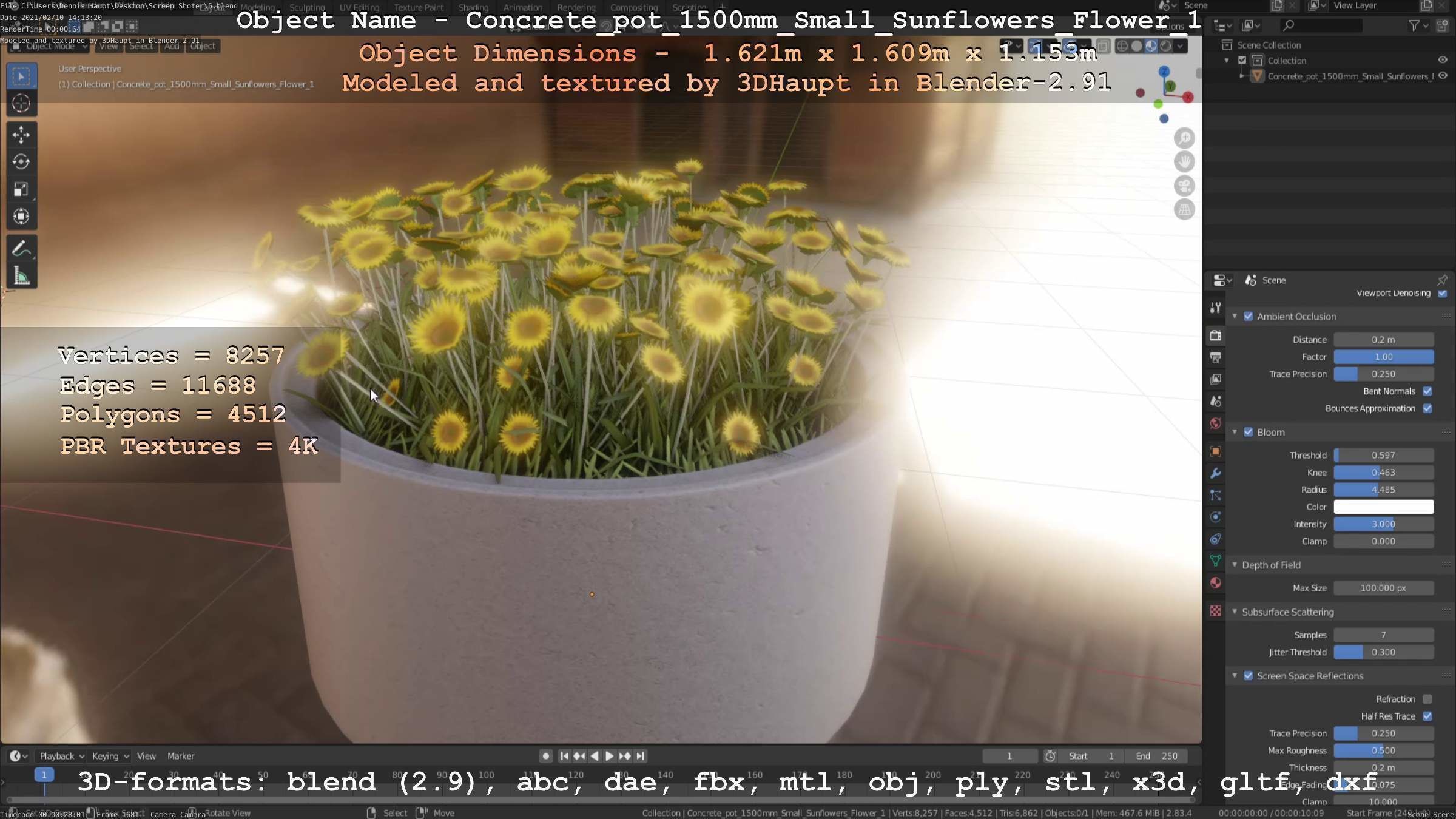 Concrete Pipe Pot 1500mm with Small Sunflowers Version 1 Low-poly 3D model_49