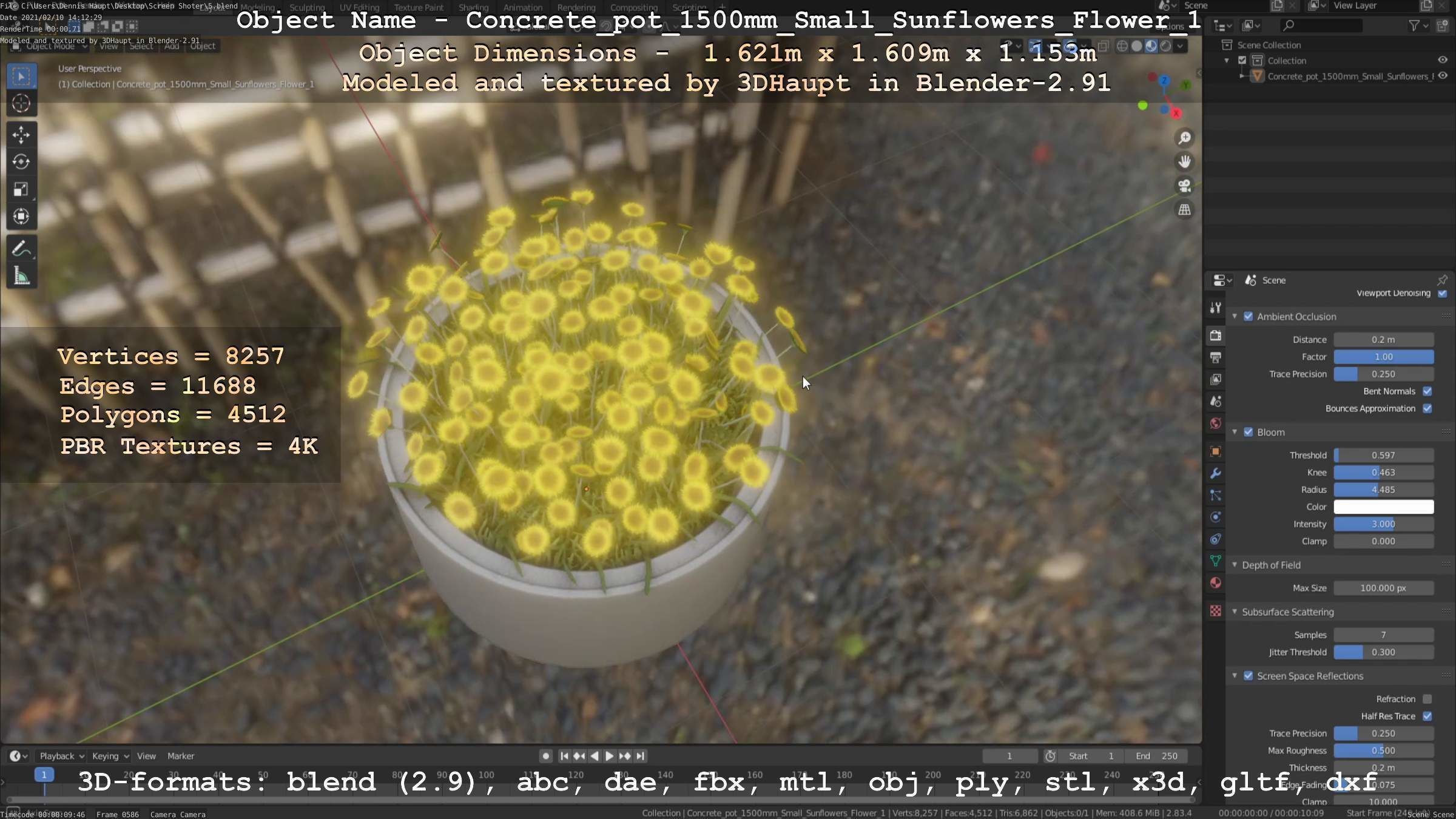 Concrete Pipe Pot 1500mm with Small Sunflowers Version 1 Low-poly 3D model_57