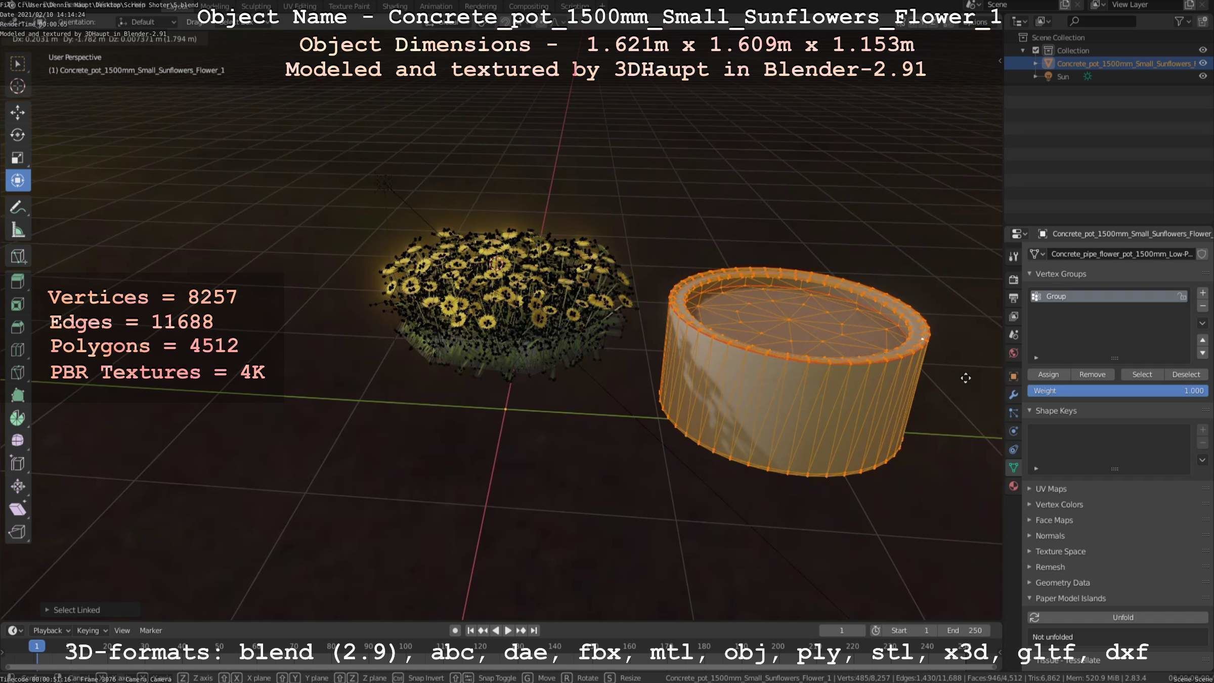Concrete Pipe Pot 1500mm with Small Sunflowers Version 1 Low-poly 3D model_46