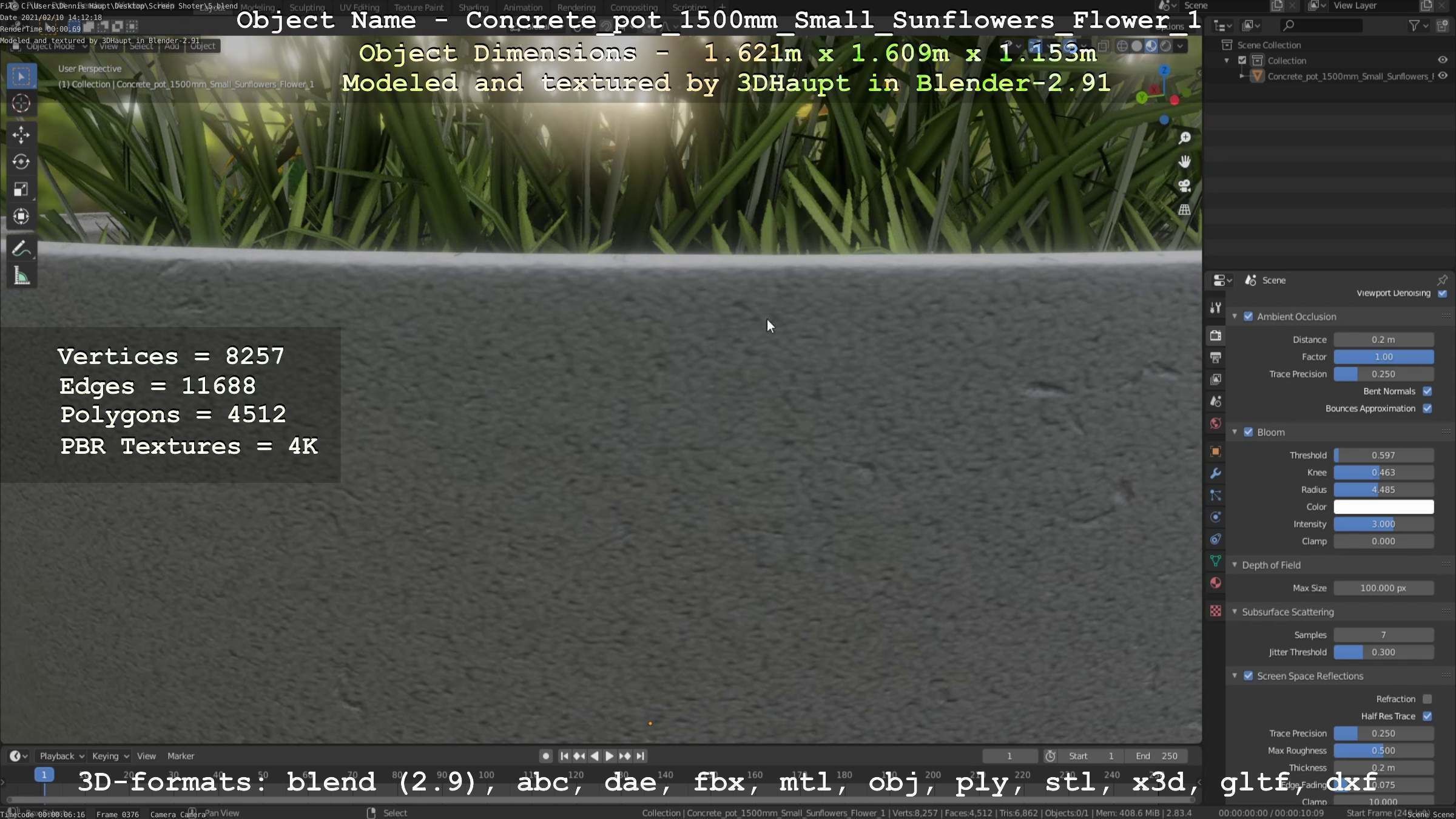 Concrete Pipe Pot 1500mm with Small Sunflowers Version 1 Low-poly 3D model_54