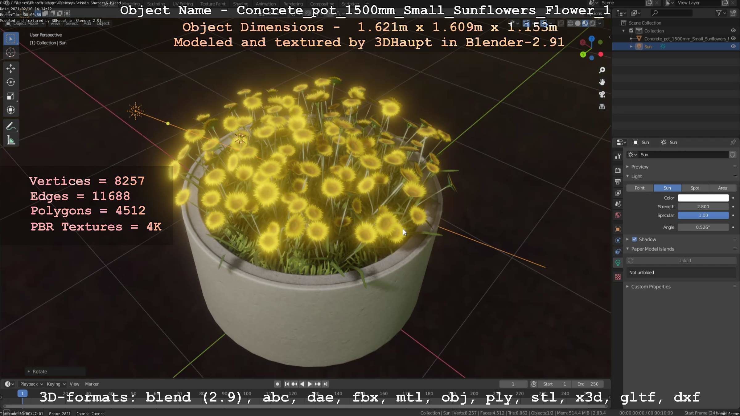 Concrete Pipe Pot 1500mm with Small Sunflowers Version 1 Low-poly 3D model_15