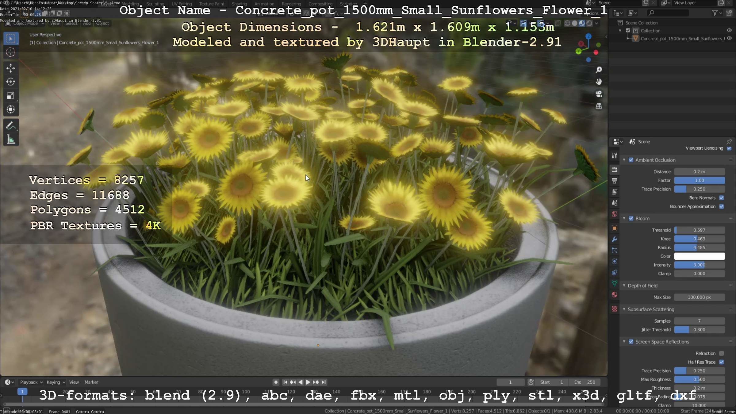 Concrete Pipe Pot 1500mm with Small Sunflowers Version 1 Low-poly 3D model_31