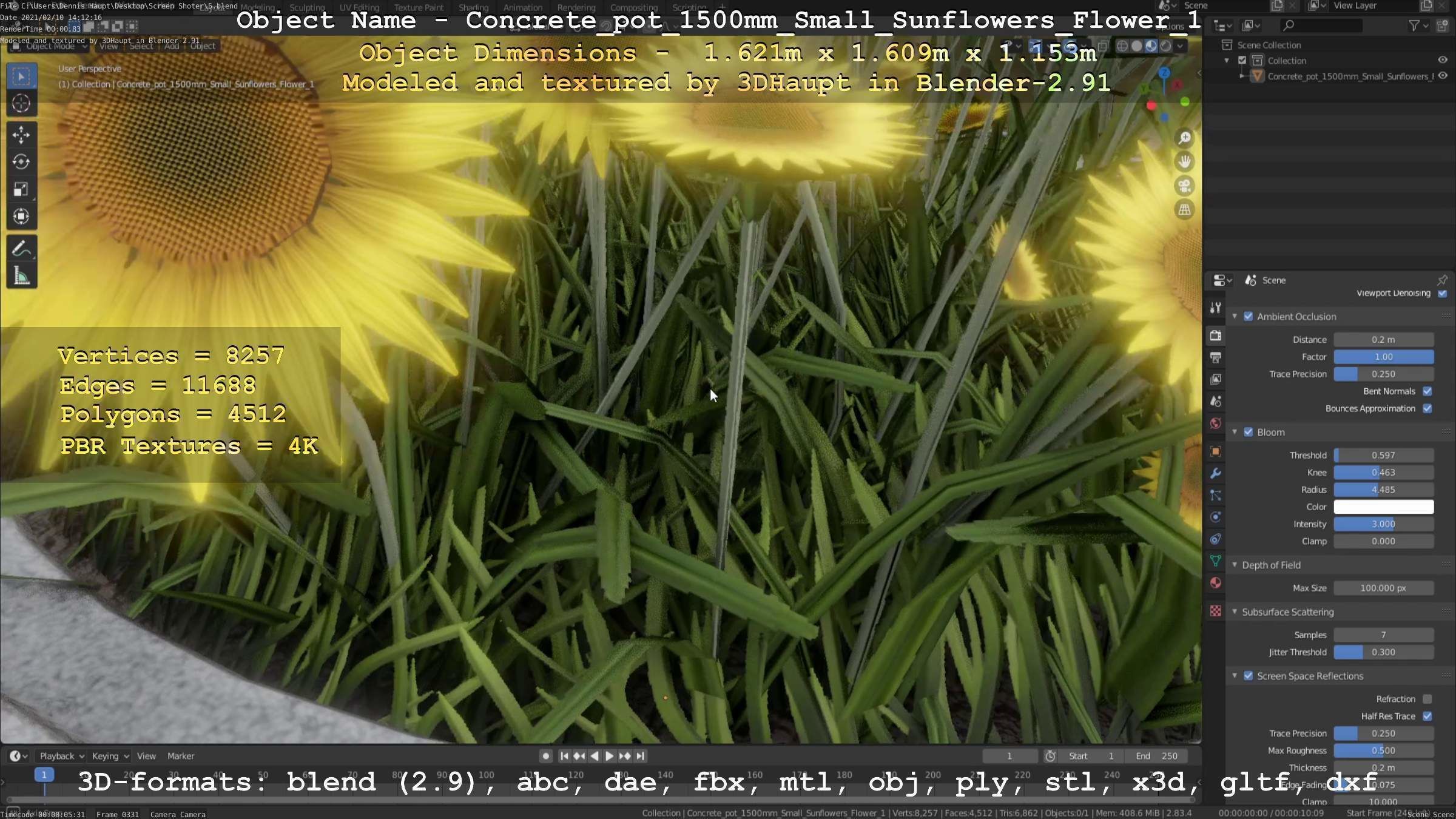 Concrete Pipe Pot 1500mm with Small Sunflowers Version 1 Low-poly 3D model_13