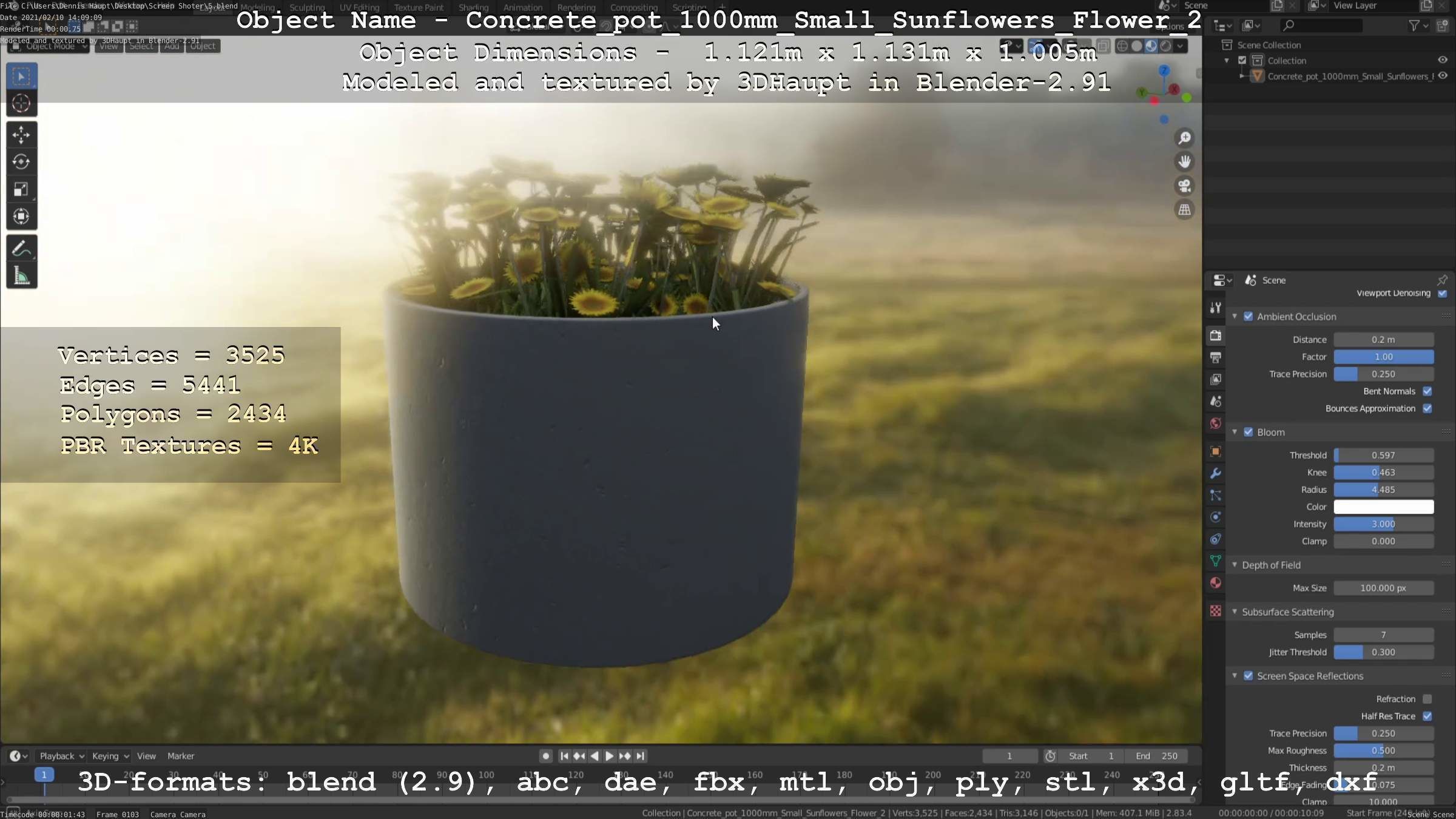 Concrete Pipe Pot 1000mm with Small Sunflowers Version 2 Low-poly 3D model_16