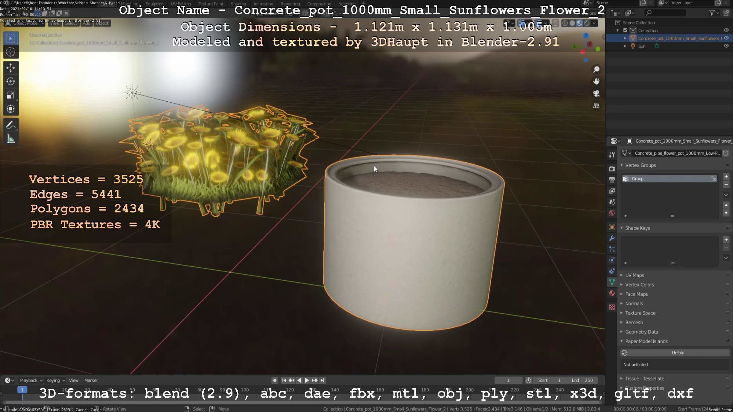 Concrete Pipe Pot 1000mm with Small Sunflowers Version 2 Low-poly 3D model_90