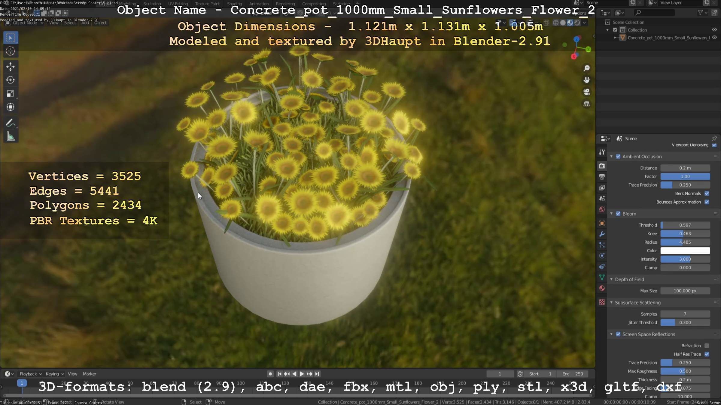 Concrete Pipe Pot 1000mm with Small Sunflowers Version 2 Low-poly 3D model_18
