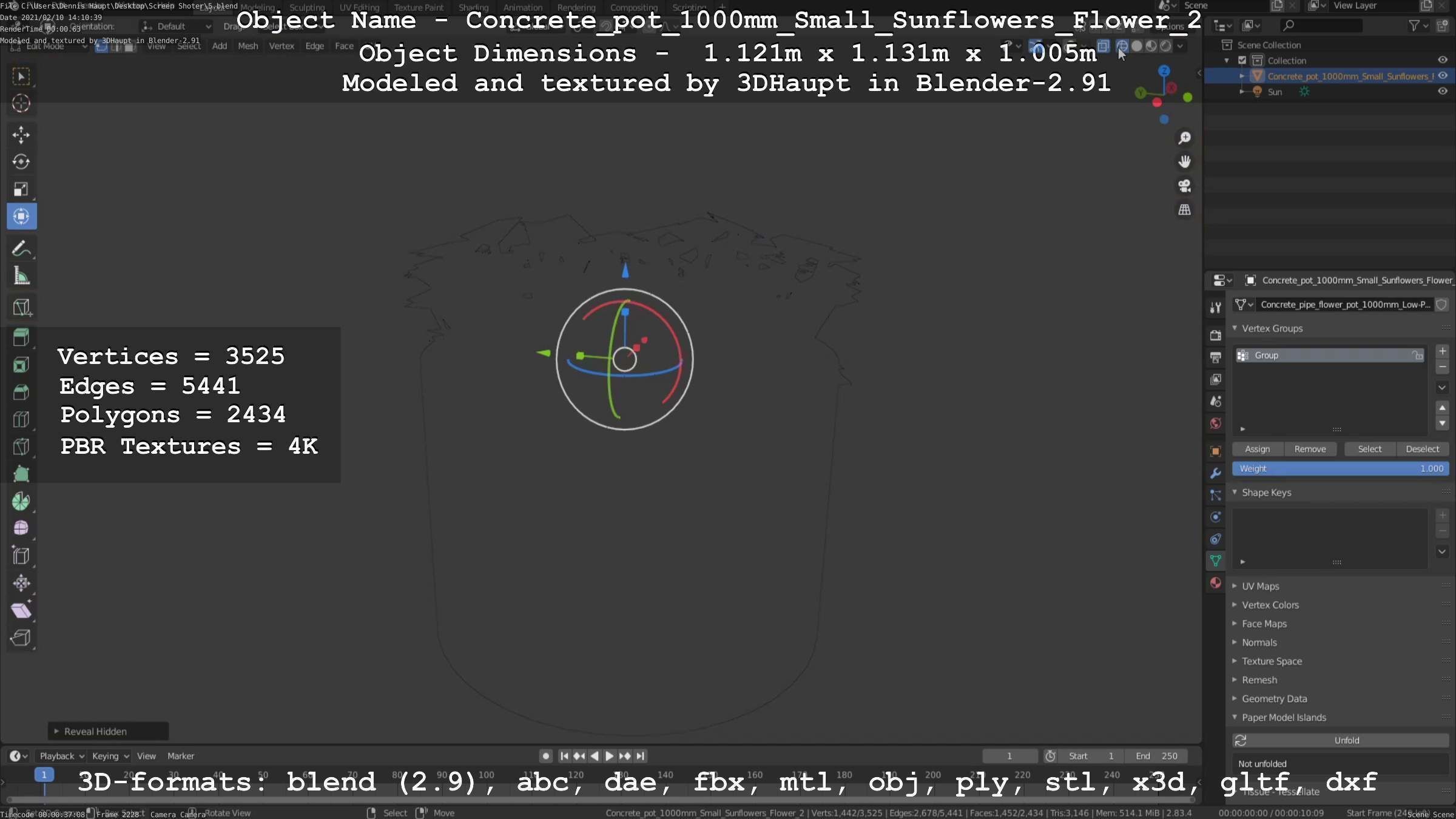Concrete Pipe Pot 1000mm with Small Sunflowers Version 2 Low-poly 3D model_81