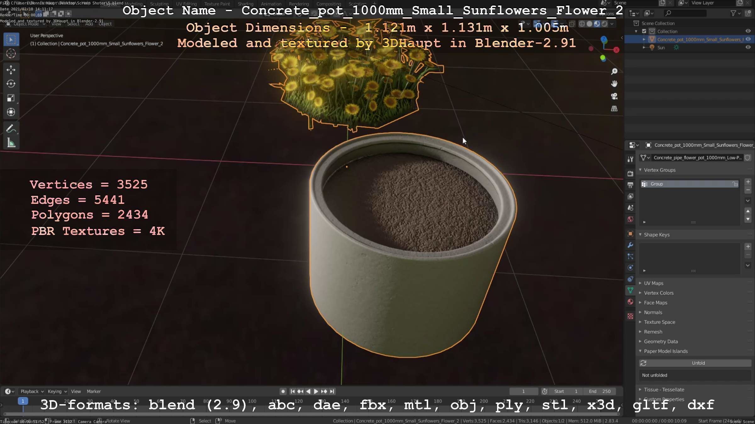 Concrete Pipe Pot 1000mm with Small Sunflowers Version 2 Low-poly 3D model_100