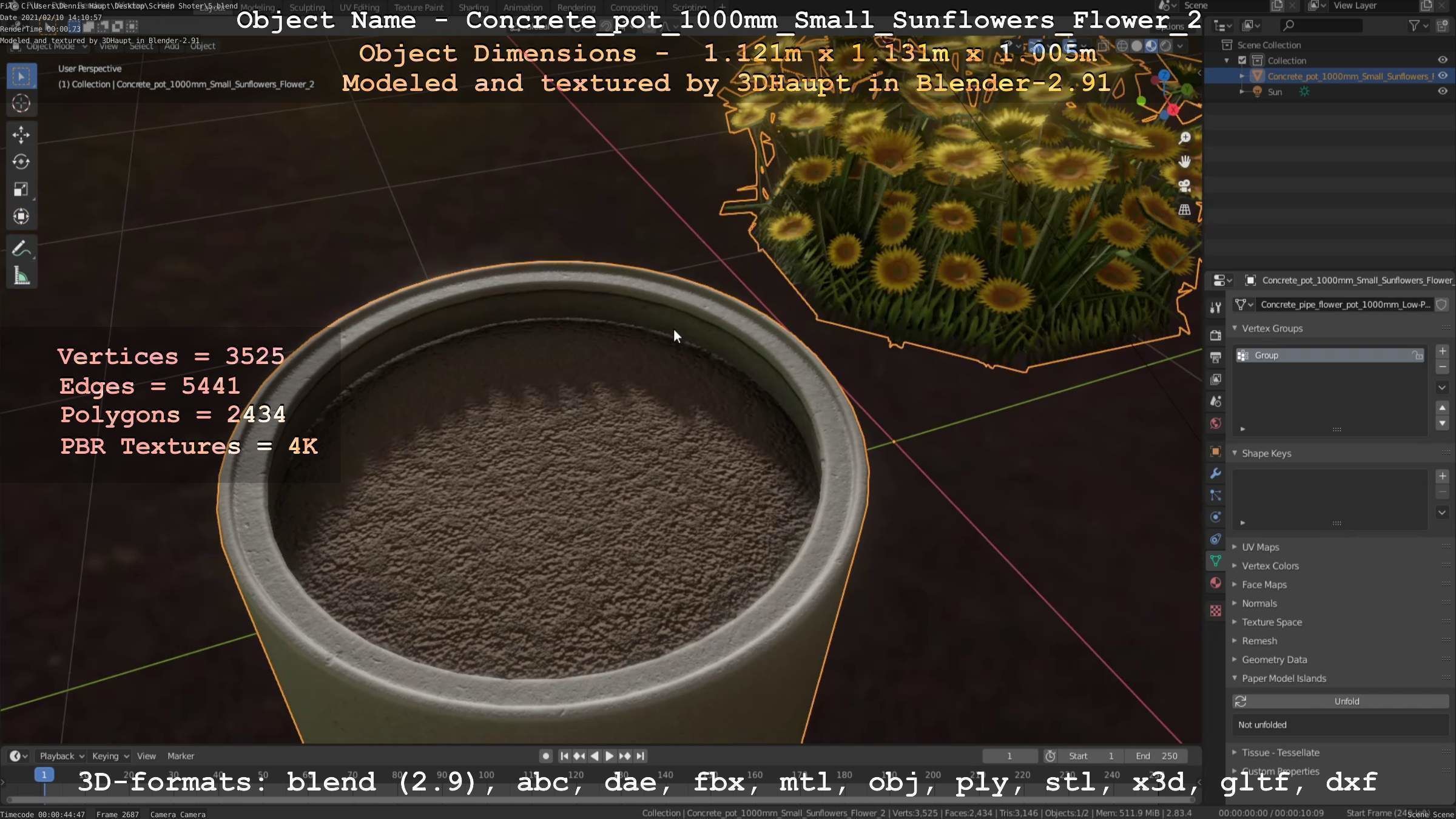 Concrete Pipe Pot 1000mm with Small Sunflowers Version 2 Low-poly 3D model_4
