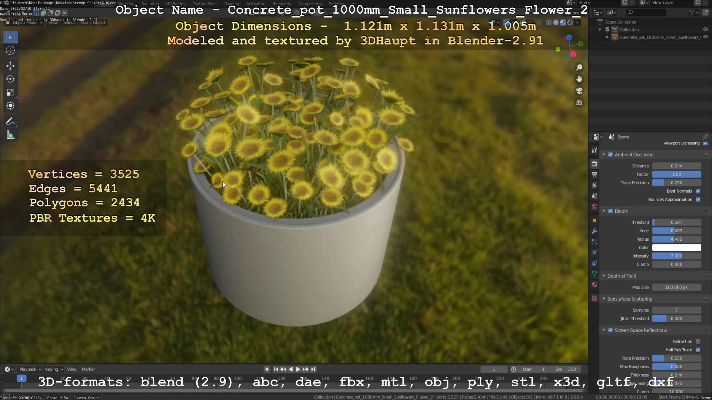 Concrete Pipe Pot 1000mm with Small Sunflowers Version 2 Low-poly 3D model_117