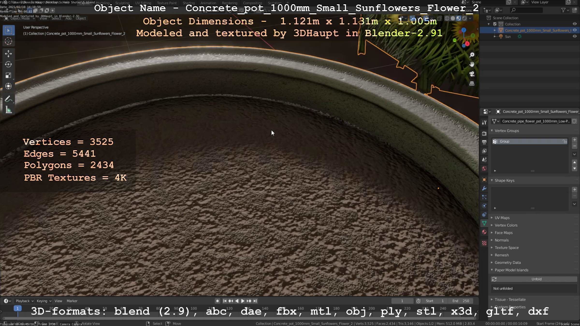 Concrete Pipe Pot 1000mm with Small Sunflowers Version 2 Low-poly 3D model_96