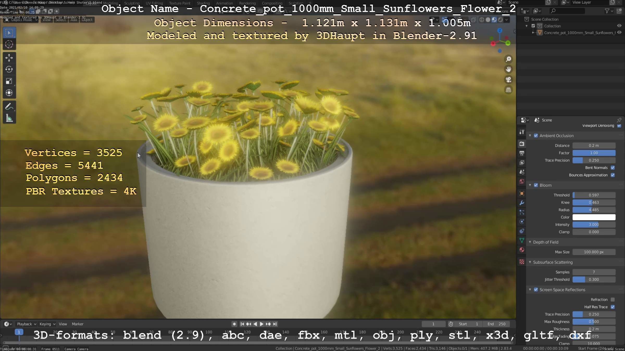 Concrete Pipe Pot 1000mm with Small Sunflowers Version 2 Low-poly 3D model_36