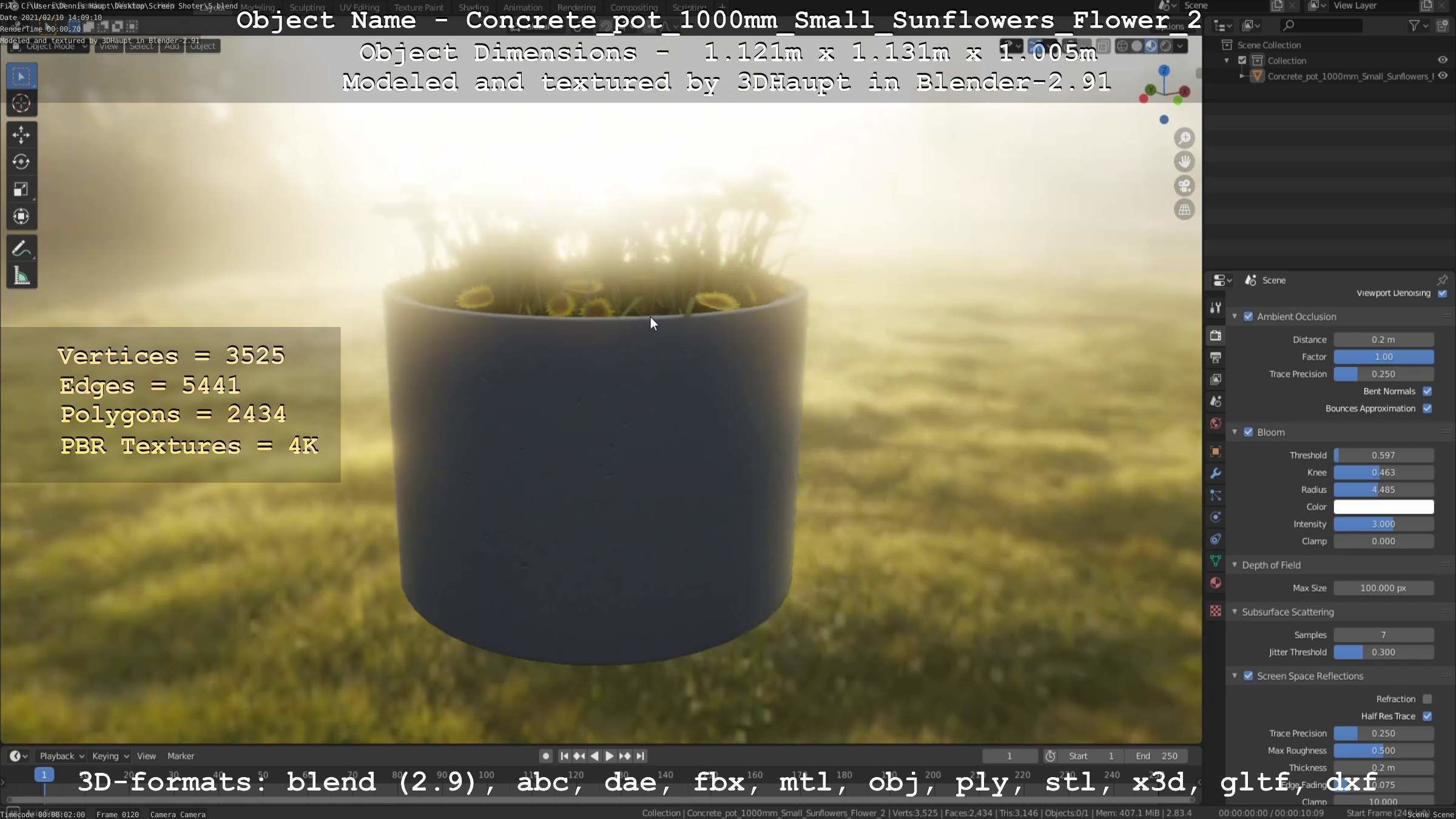 Concrete Pipe Pot 1000mm with Small Sunflowers Version 2 Low-poly 3D model_116