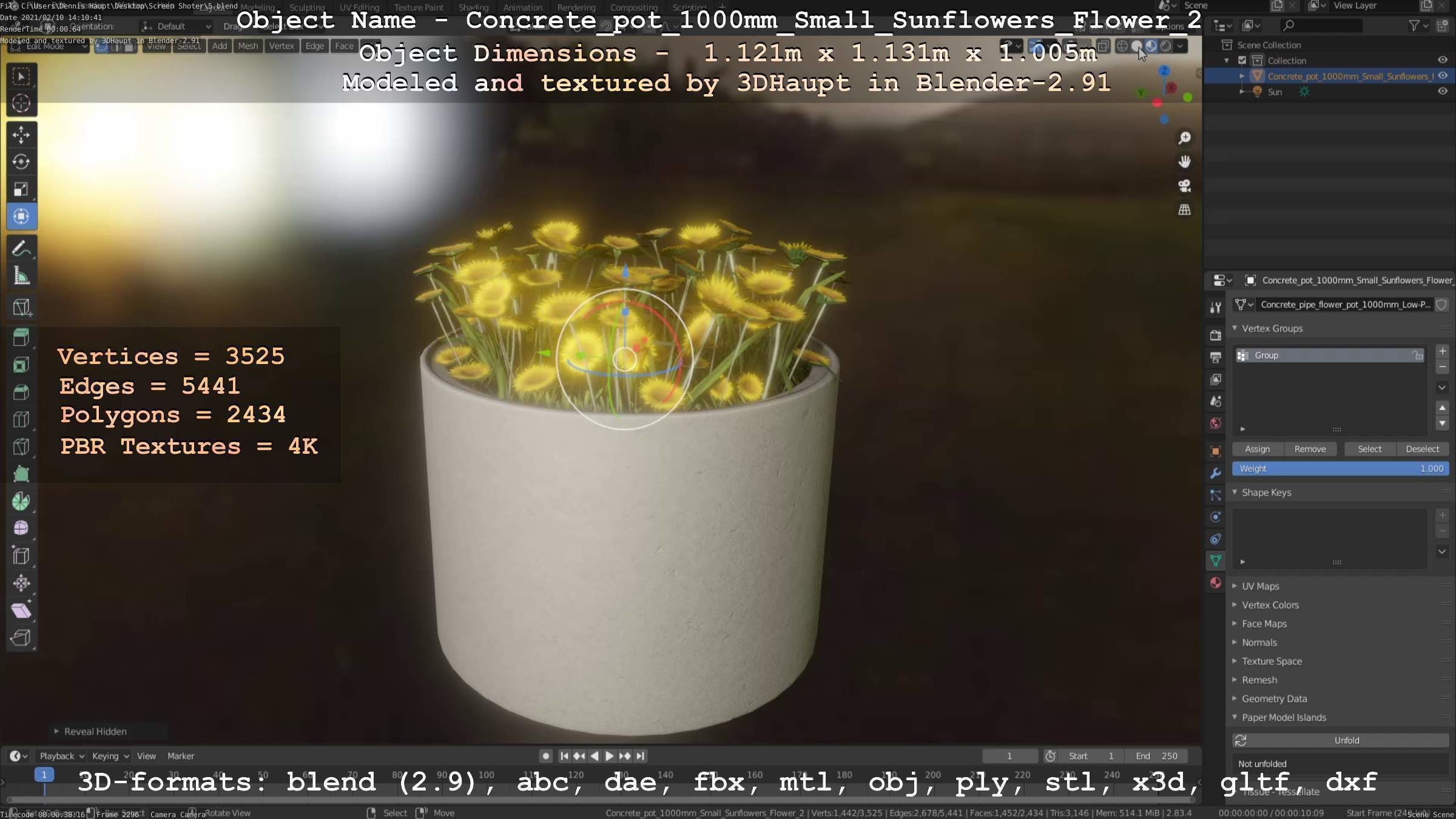 Concrete Pipe Pot 1000mm with Small Sunflowers Version 2 Low-poly 3D model_86