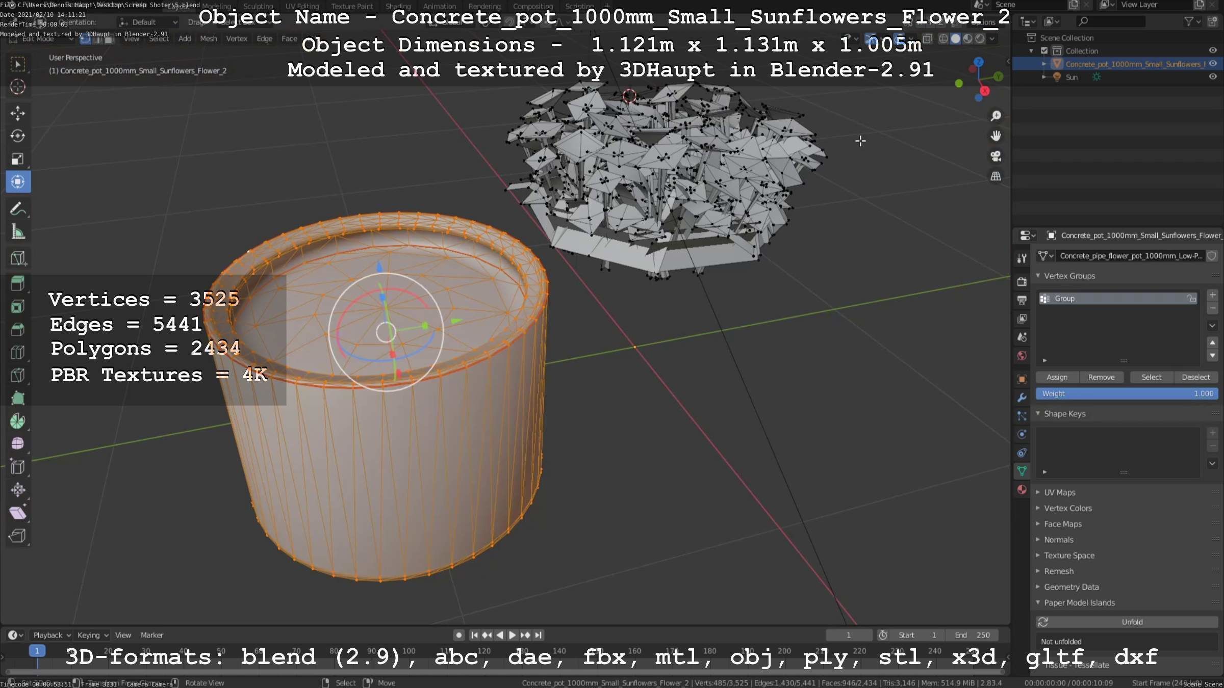 Concrete Pipe Pot 1000mm with Small Sunflowers Version 2 Low-poly 3D model_107