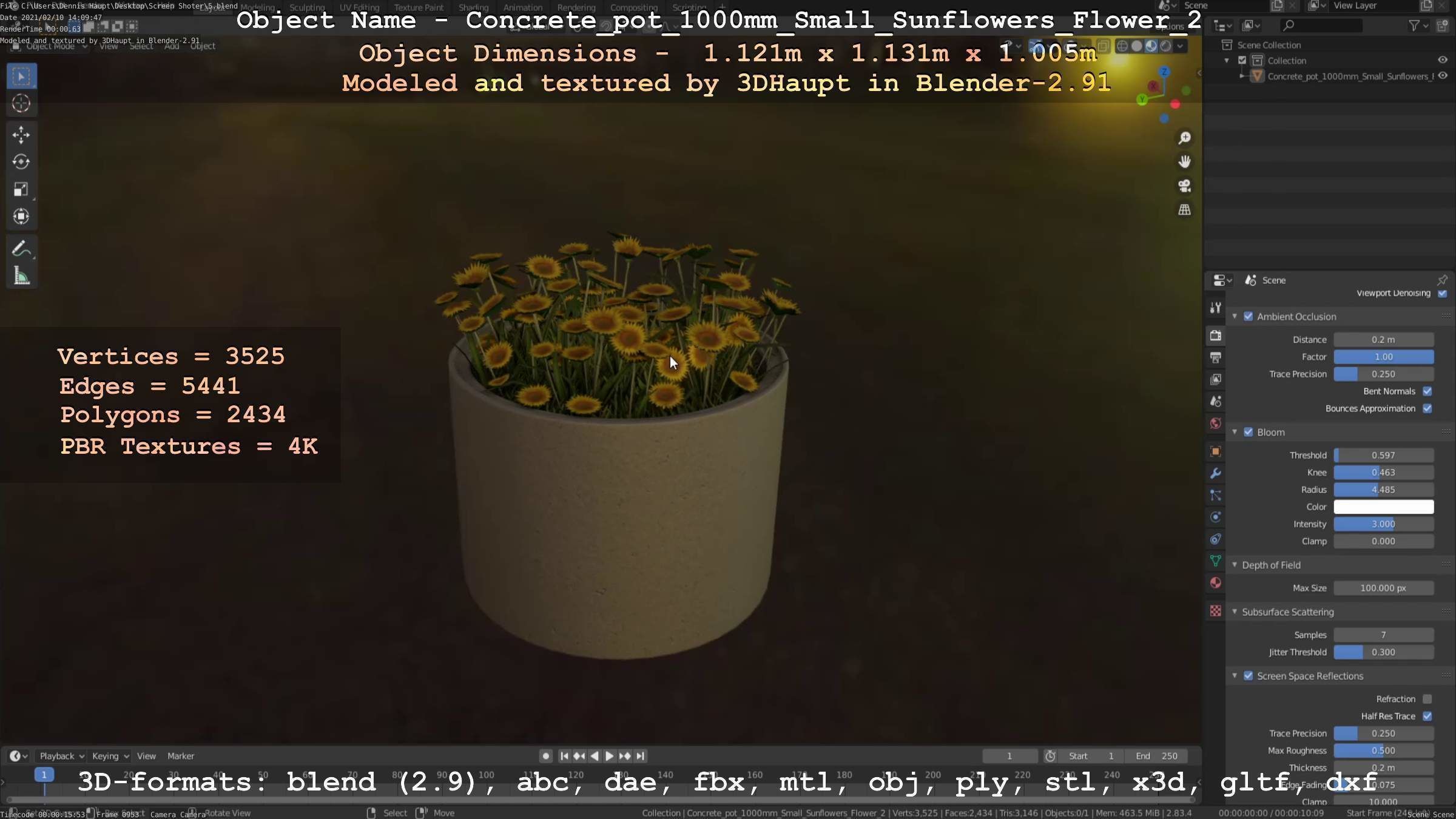 Concrete Pipe Pot 1000mm with Small Sunflowers Version 2 Low-poly 3D model_45