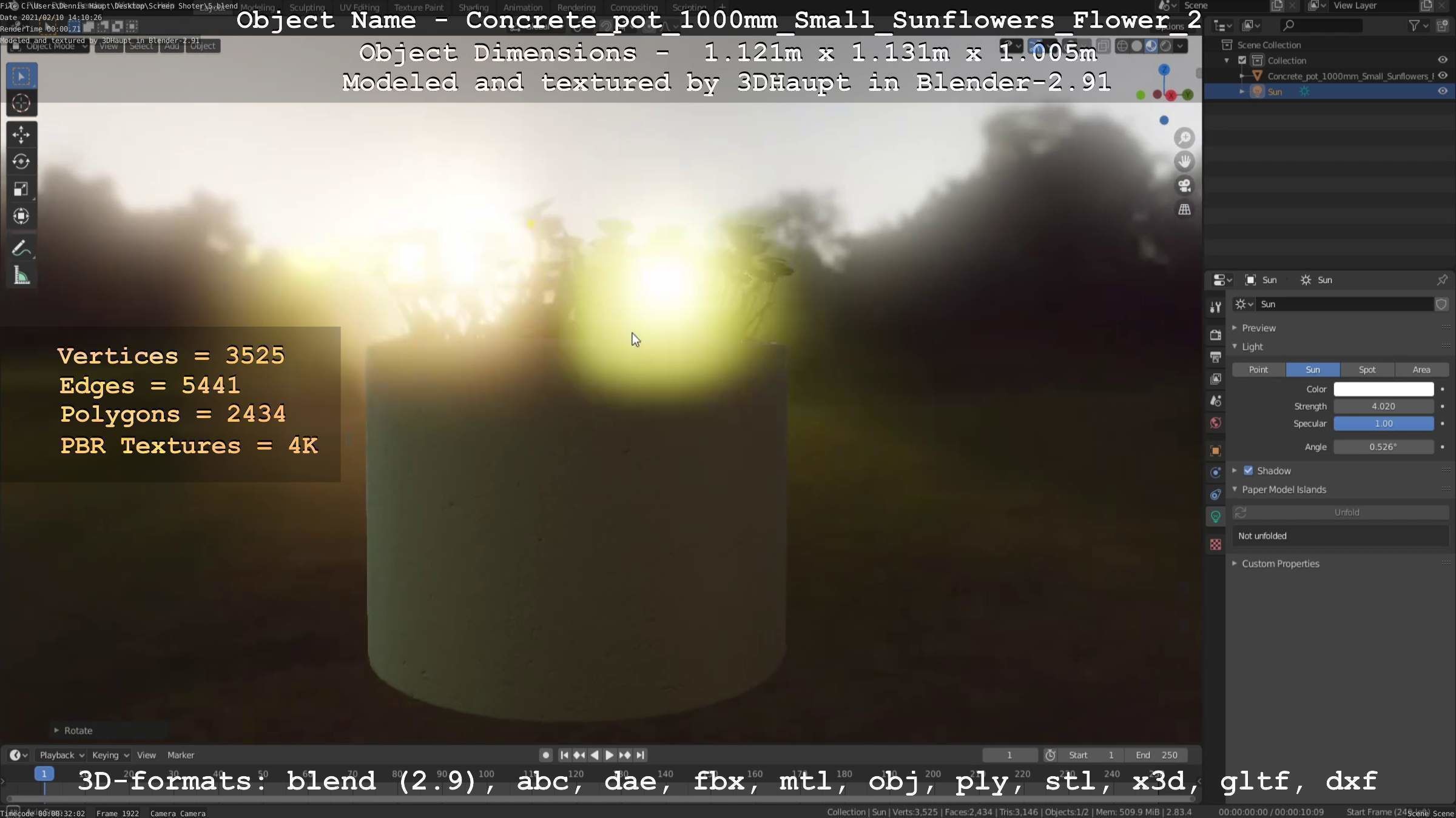 Concrete Pipe Pot 1000mm with Small Sunflowers Version 2 Low-poly 3D model_77