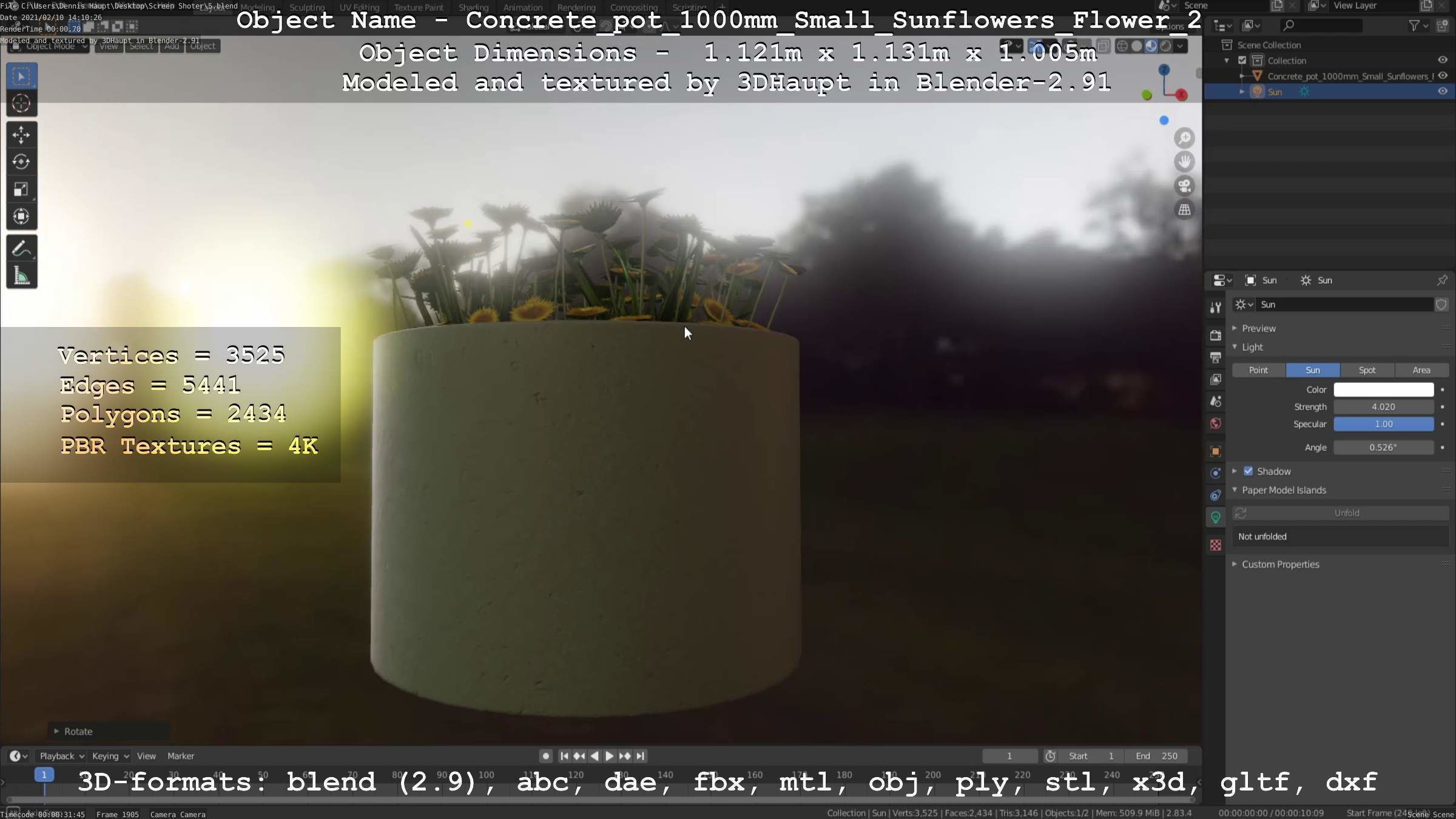 Concrete Pipe Pot 1000mm with Small Sunflowers Version 2 Low-poly 3D model_76