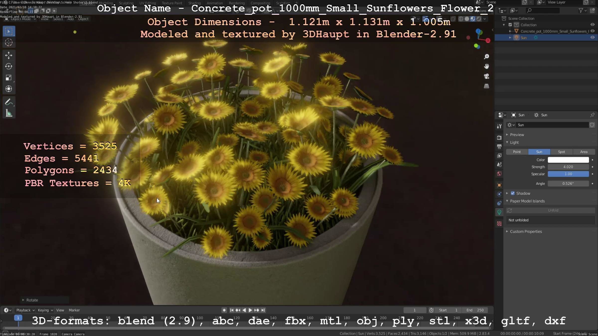 Concrete Pipe Pot 1000mm with Small Sunflowers Version 2 Low-poly 3D model_70