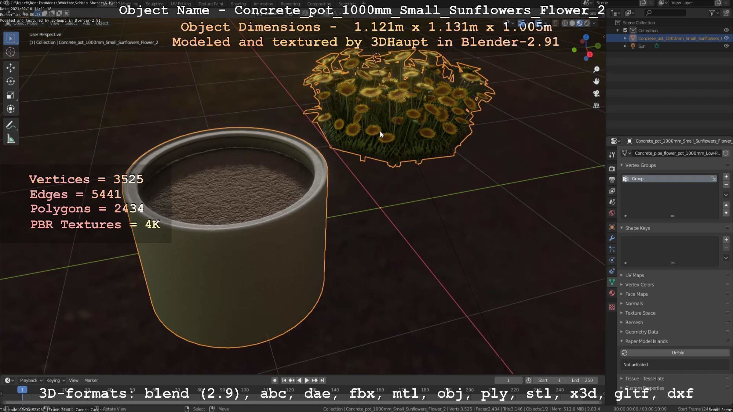 Concrete Pipe Pot 1000mm with Small Sunflowers Version 2 Low-poly 3D model_102