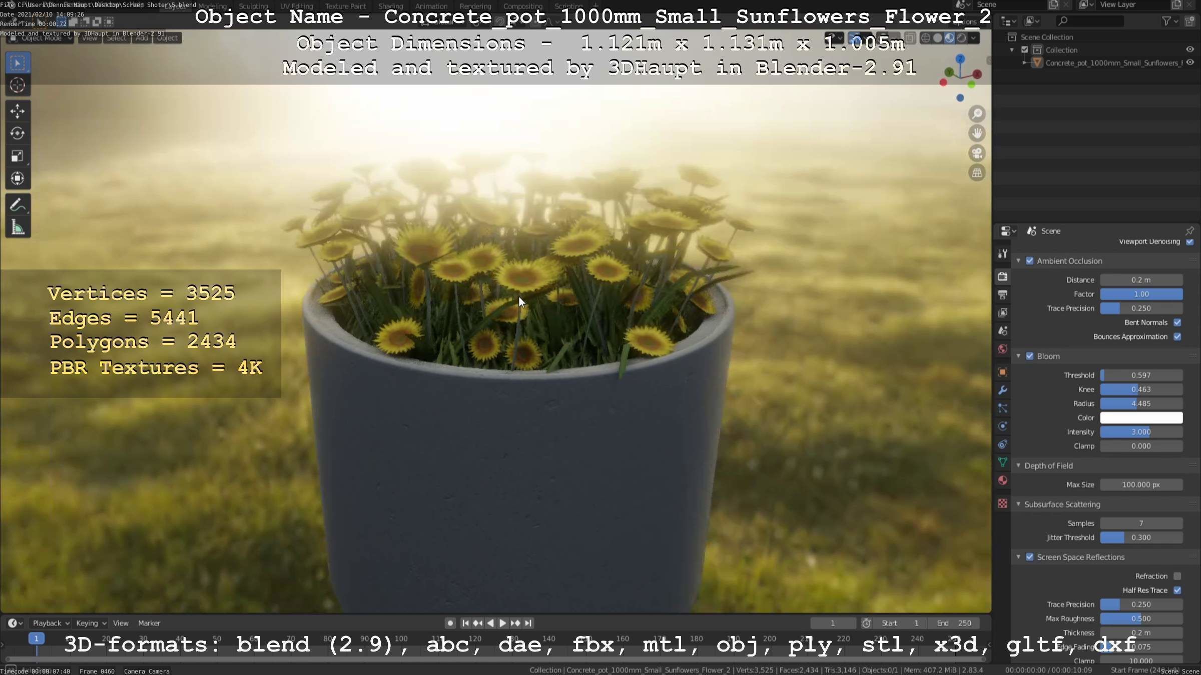 Concrete Pipe Pot 1000mm with Small Sunflowers Version 2 Low-poly 3D model_33