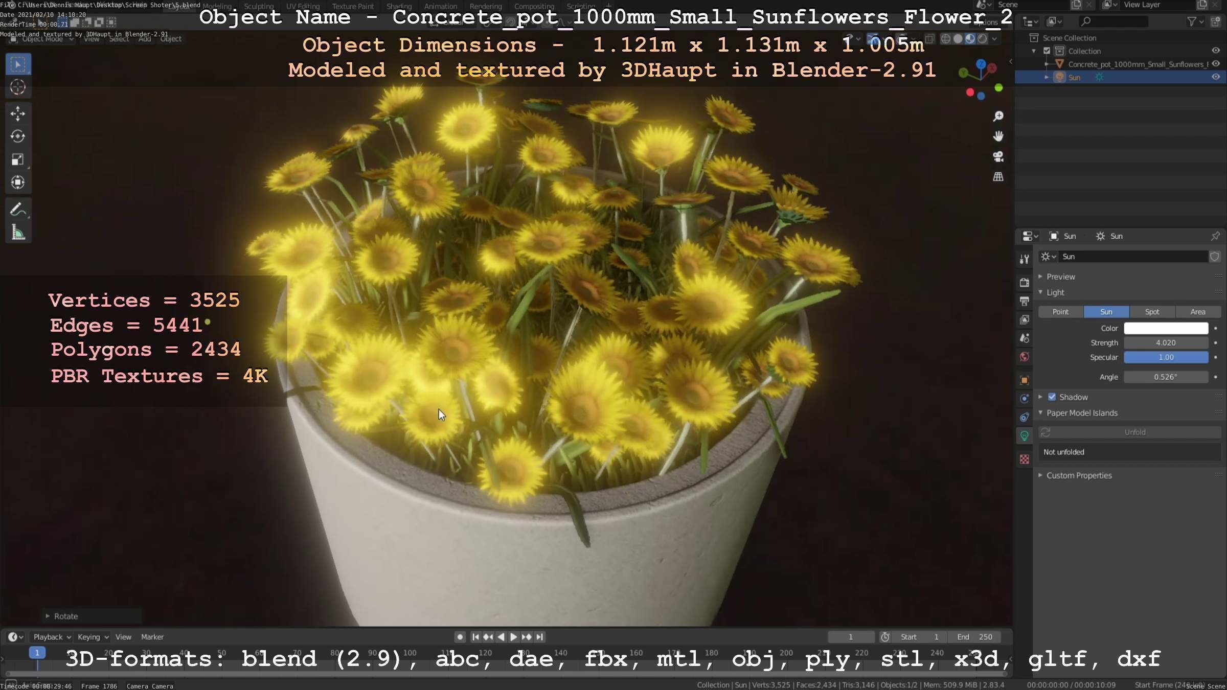 Concrete Pipe Pot 1000mm with Small Sunflowers Version 2 Low-poly 3D model_68