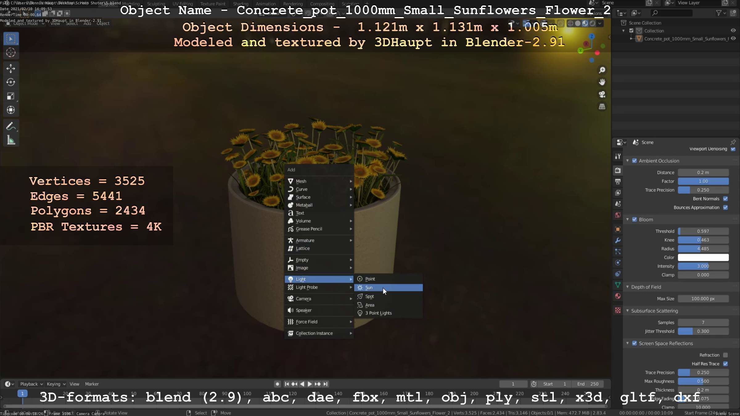 Concrete Pipe Pot 1000mm with Small Sunflowers Version 2 Low-poly 3D model_54