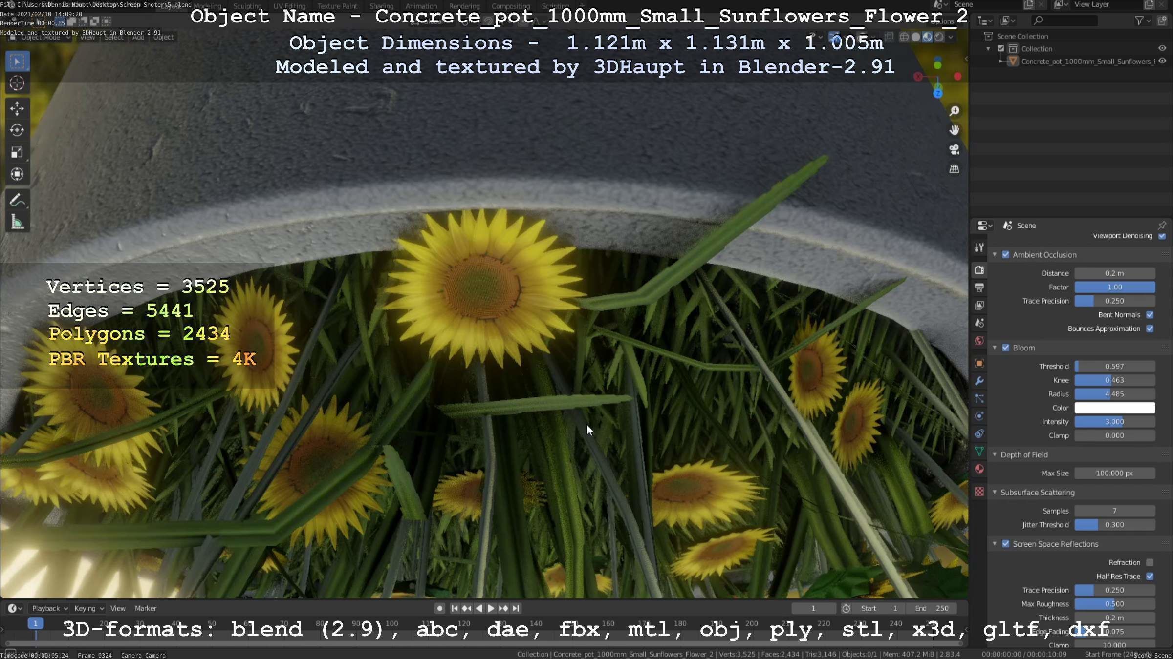 Concrete Pipe Pot 1000mm with Small Sunflowers Version 2 Low-poly 3D model_115