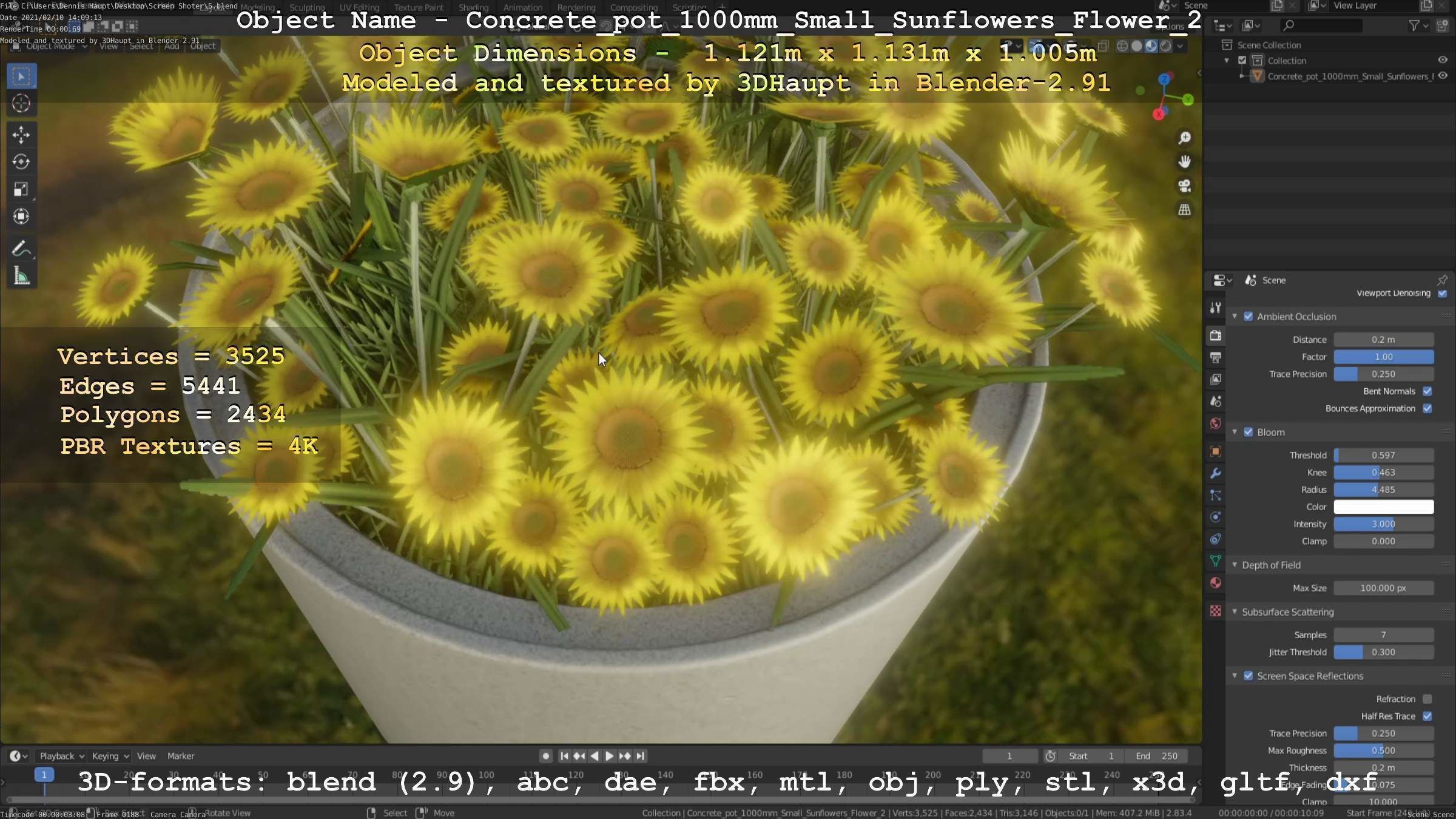 Concrete Pipe Pot 1000mm with Small Sunflowers Version 2 Low-poly 3D model_118